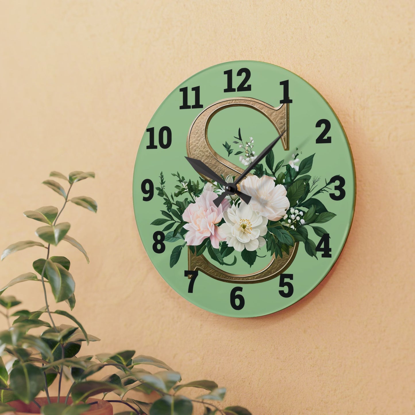 Floral Initial Acrylic Wall Clock, Elegant Home Décor - Letter S