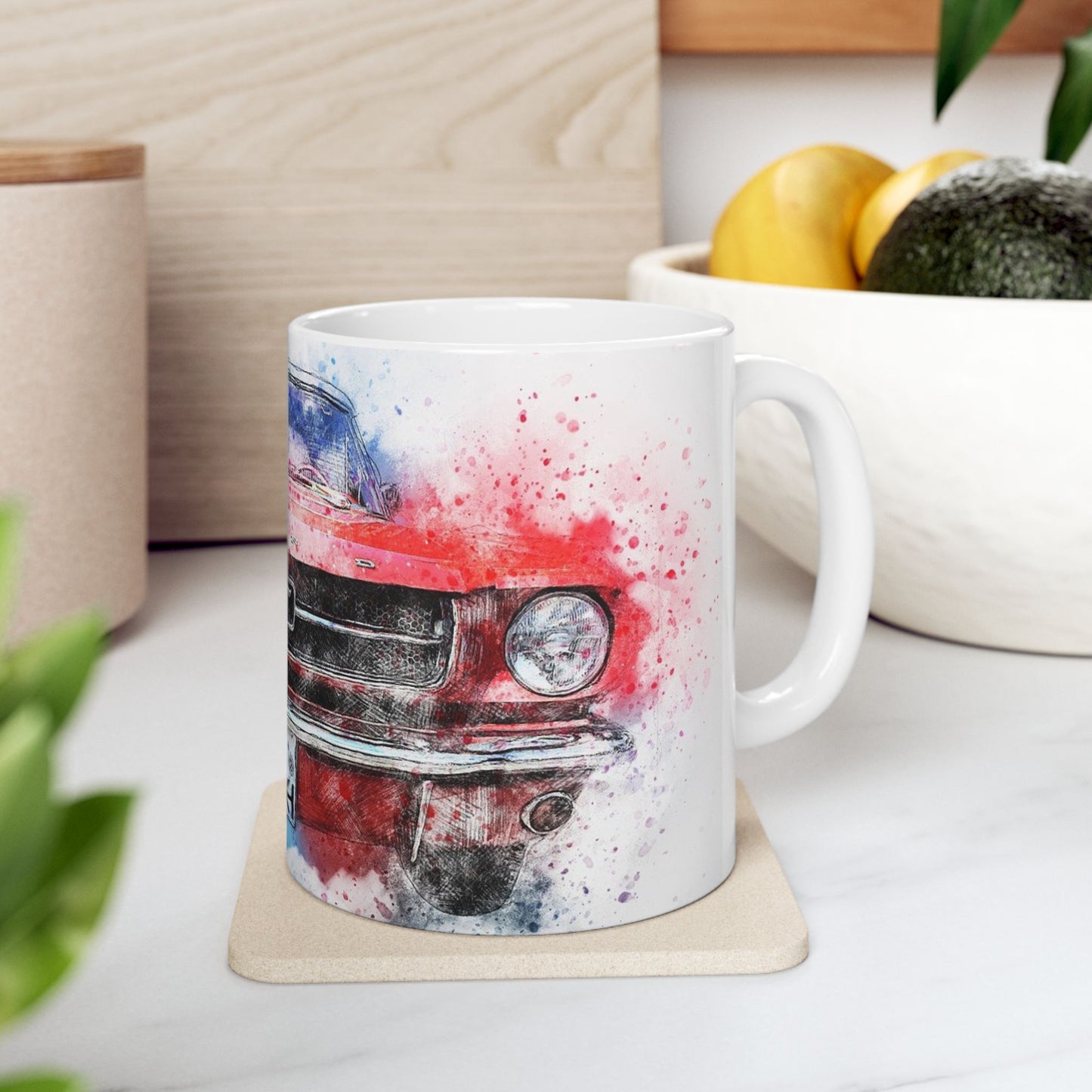 Mustang Front Grill Watercolor Ceramic Mug — Car Enthusiast Coffee Cup (11oz/15oz)