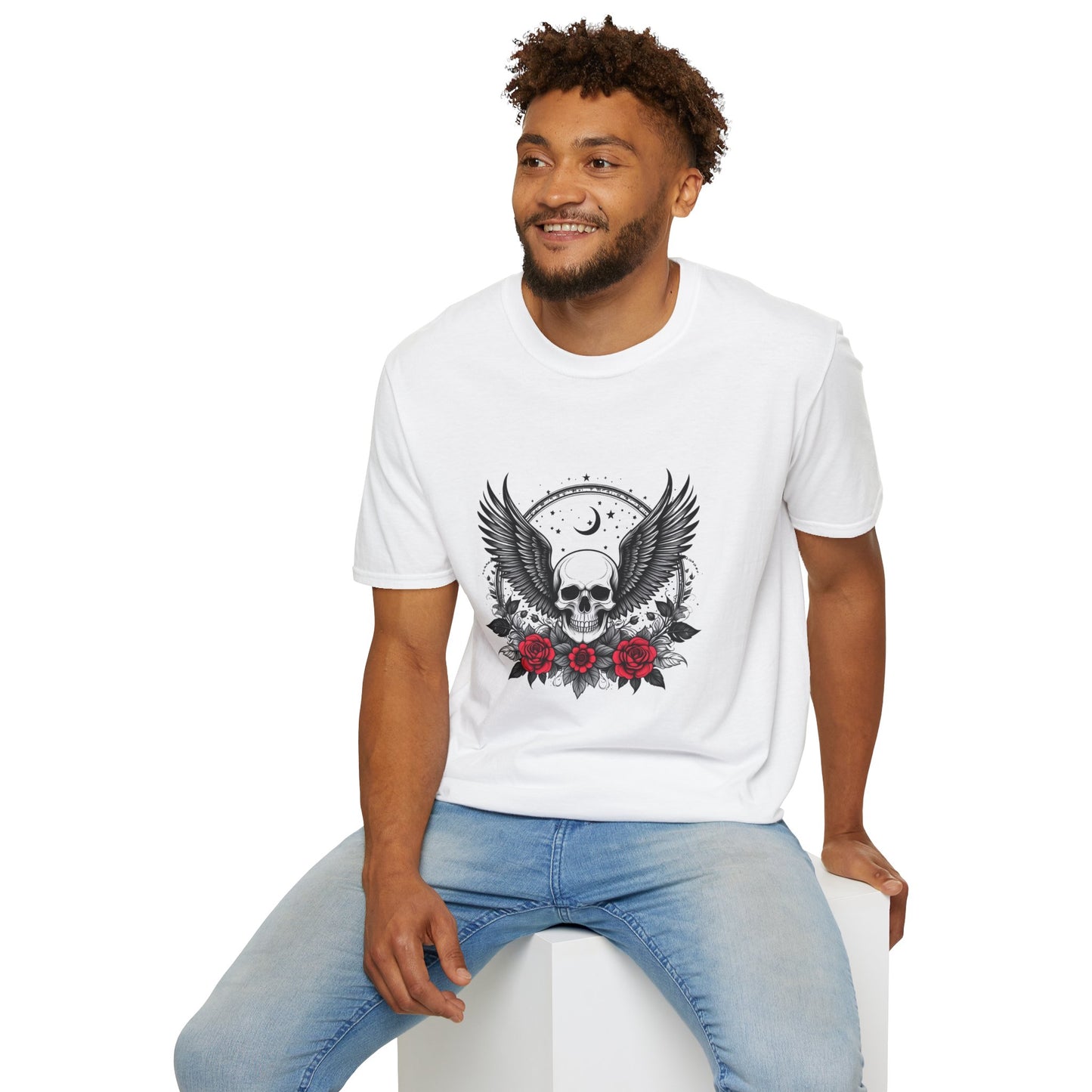 Skull Wings T‑Shirt – Crescent Moon & Red Roses Gothic Graphic Tee