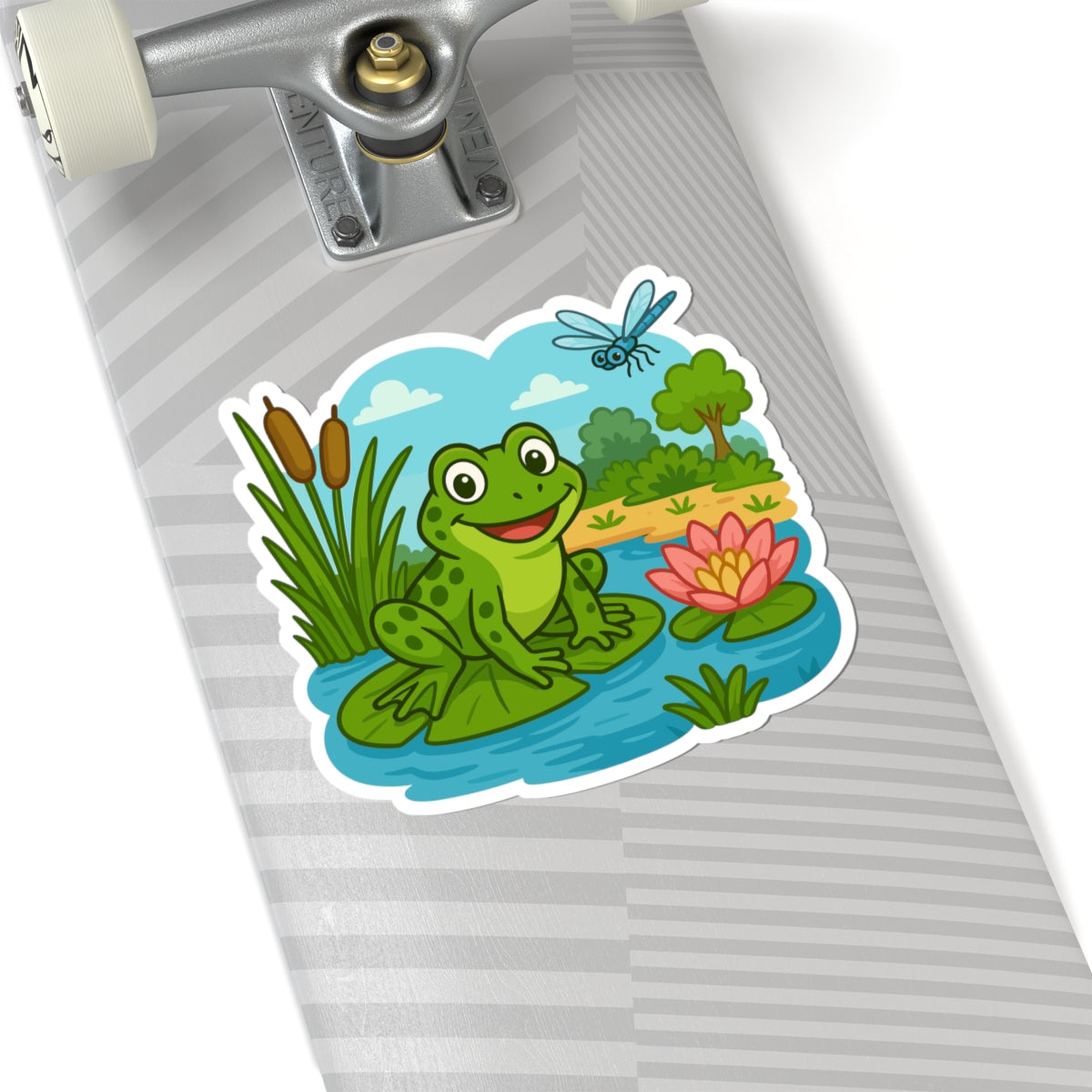 Frog Pond Kiss-Cut Sticker — Cute Lily Pad Frog & Dragonfly Decal