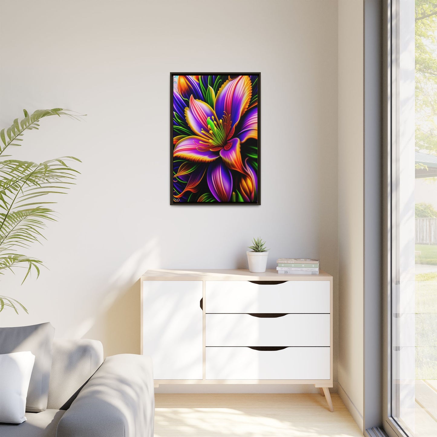 Vibrant Neon Floral Matte Canvas Print — Framed Wall Art