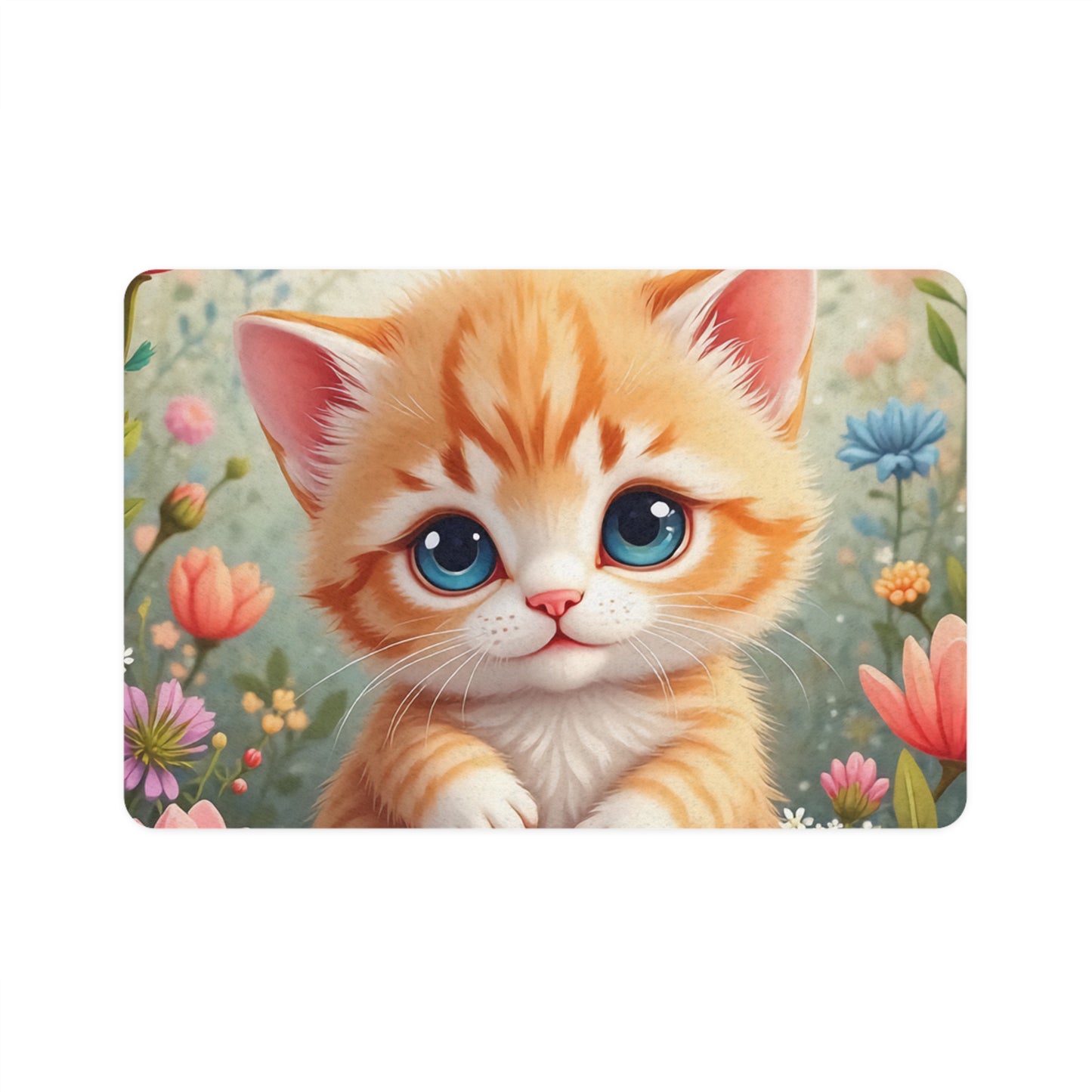Cute Orange Kitten Pet Food Mat (12x18) — Floral Non-Slip Feeding Placemat for Cats & Small Dogs