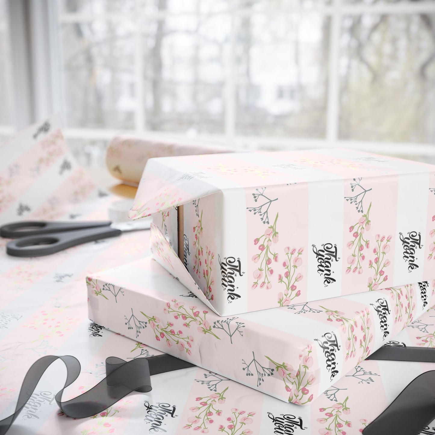 Floral Pink Thank you Wrapping Paper Roll