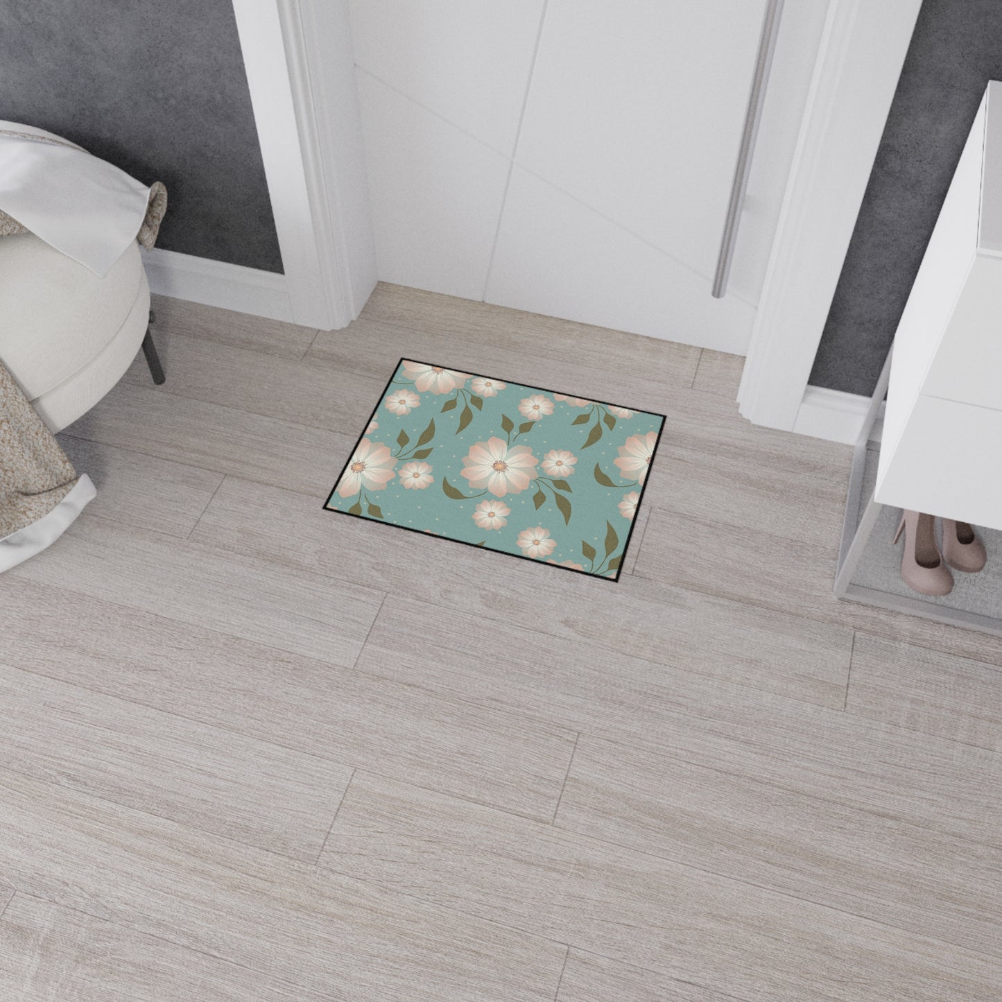 Floral Heavy-Duty Floor Mat — Teal Pastel Blossom Rug for Entryway & Kitchen