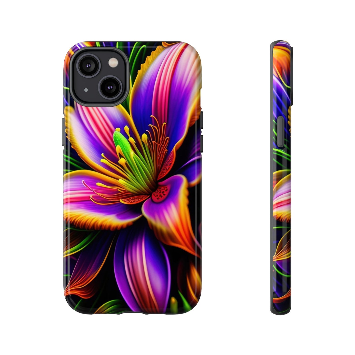 Floral Neon Tough Phone Case — Vivid Purple & Orange Lily Protective Cover