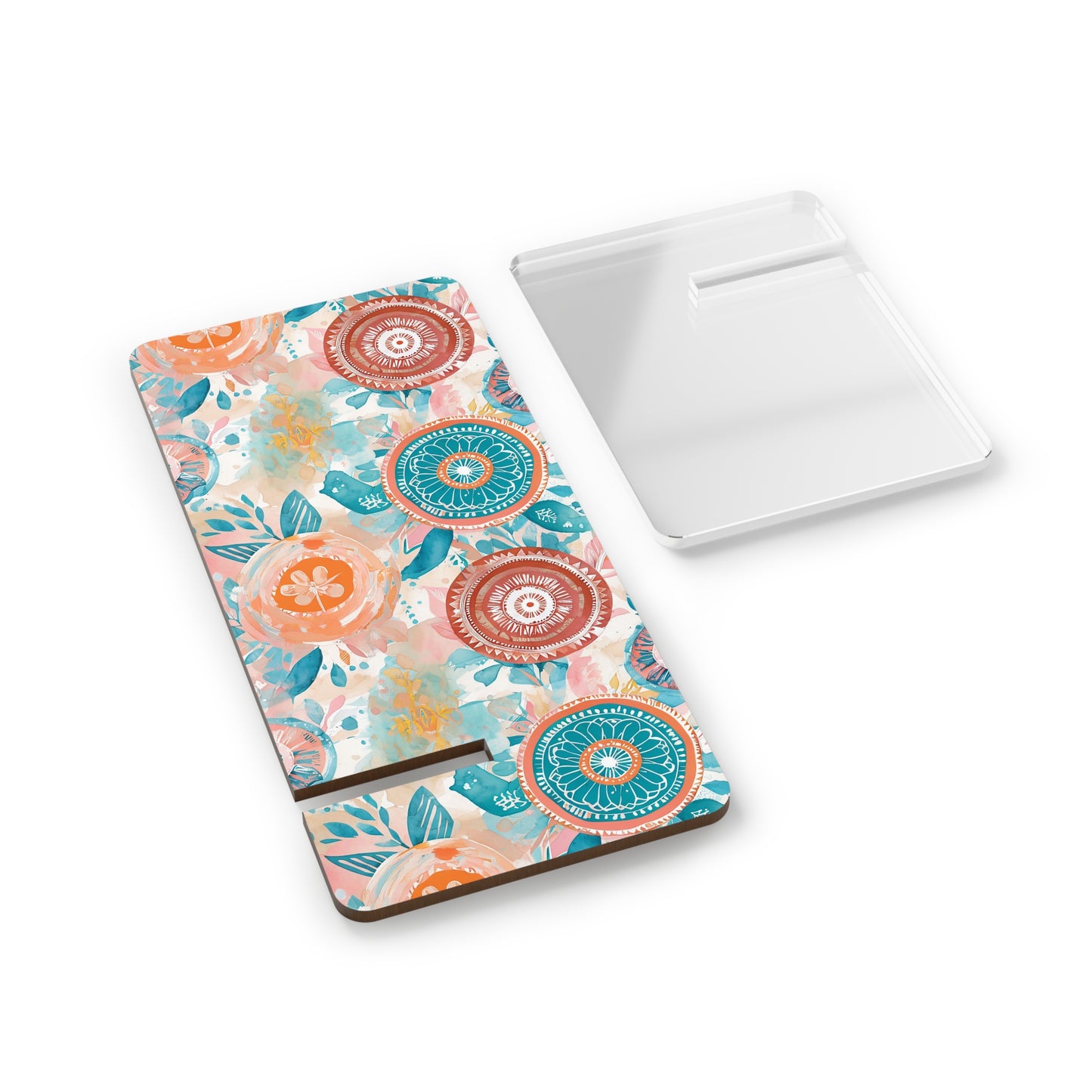Floral Boho Phone Stand — Compact Mobile Display Stand with Teal & Coral Mandala Design