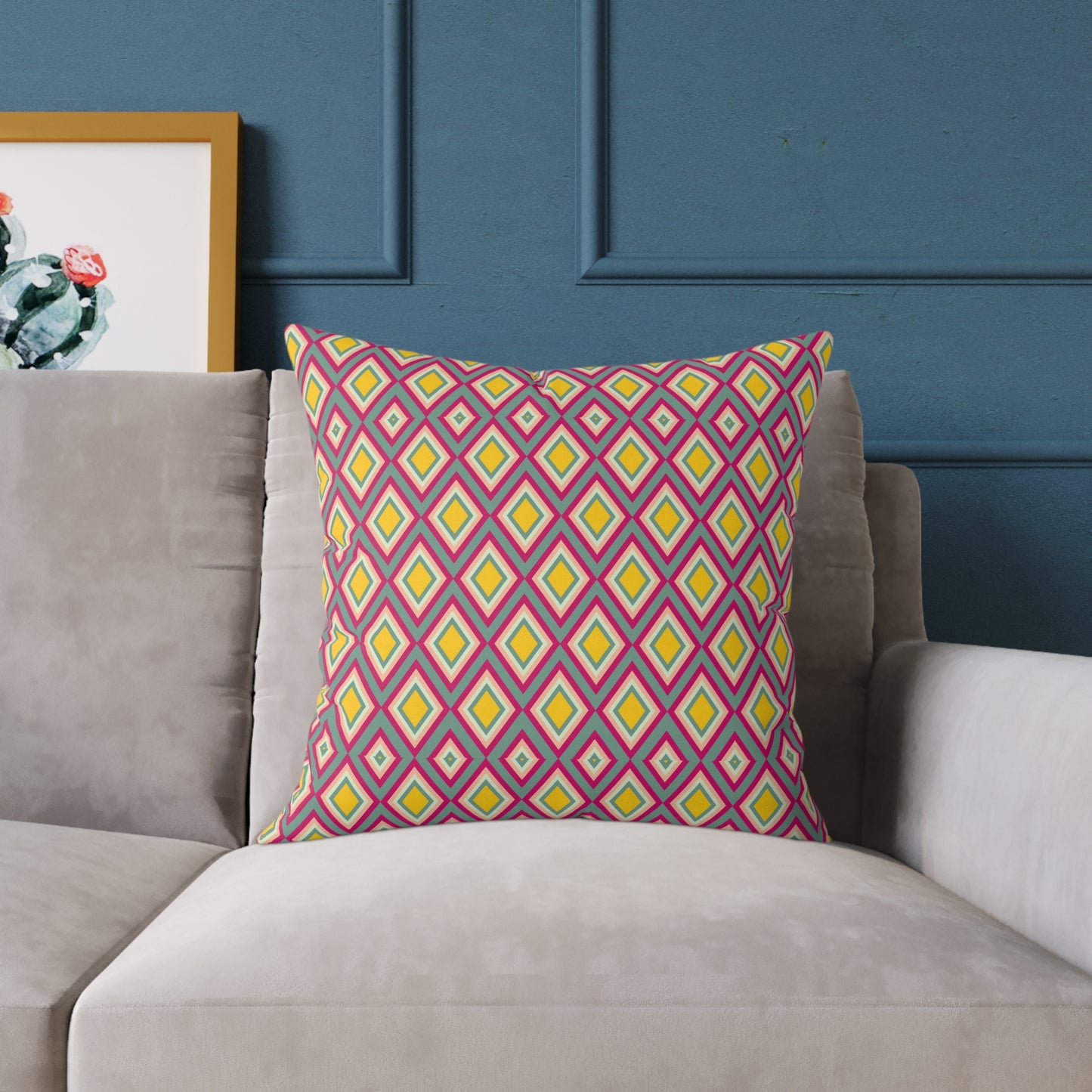 Geometric Retro Diamond Throw Pillow — Pink & Mustard Accent Cushion