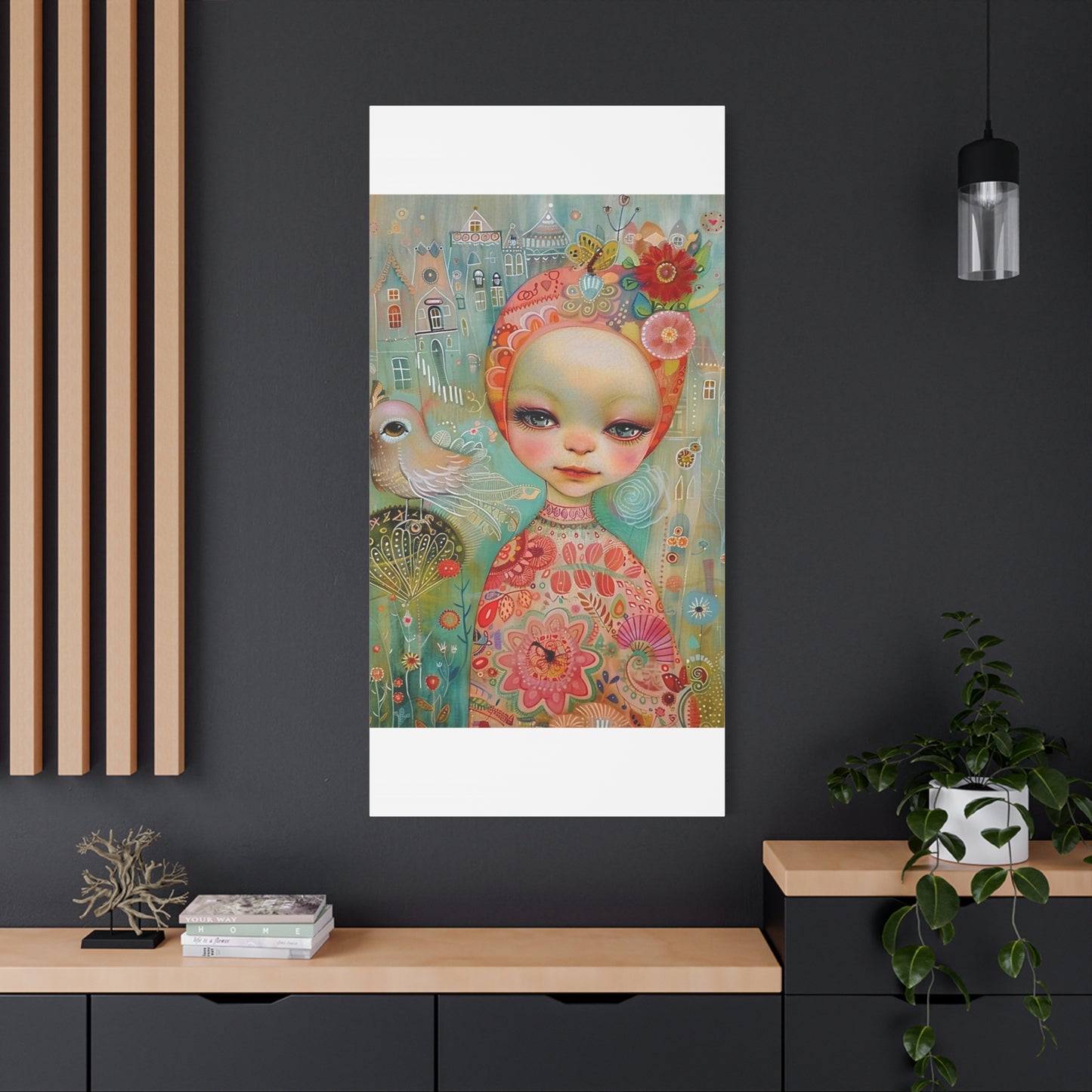 Whimsical Girl & Bird Matte Canvas Wall Art — Stretched Decorative Painting