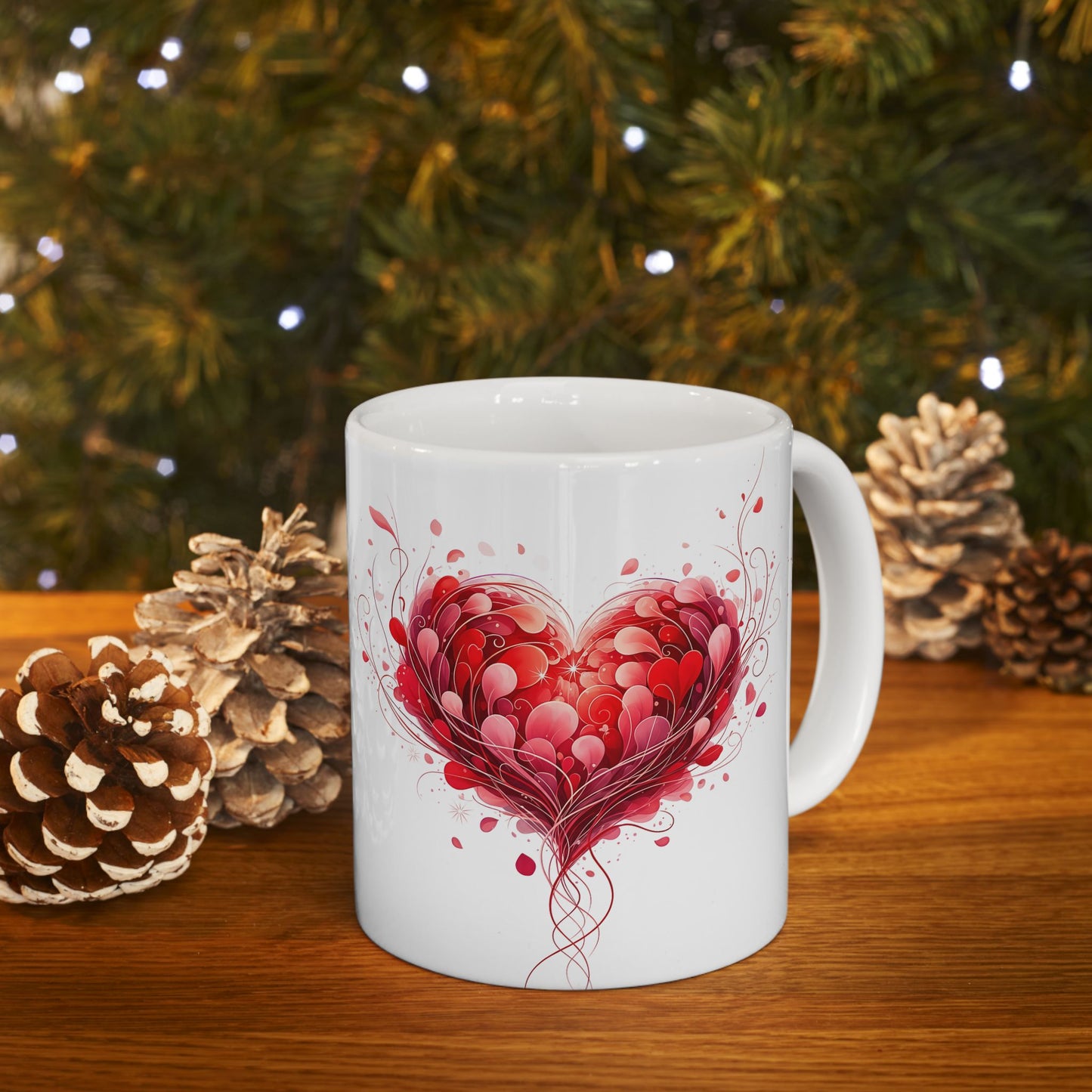 Heart Blossom Ceramic Mug — Red Floral Heart Coffee Cup (11oz, 15oz)