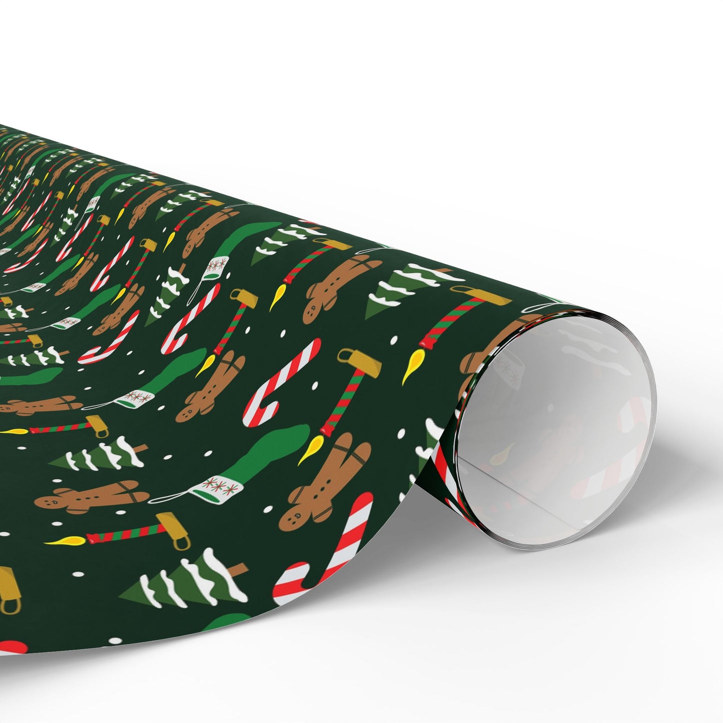 Christmas Wrapping Paper Roll — Gingerbread & Candy Cane Pattern on Dark Green