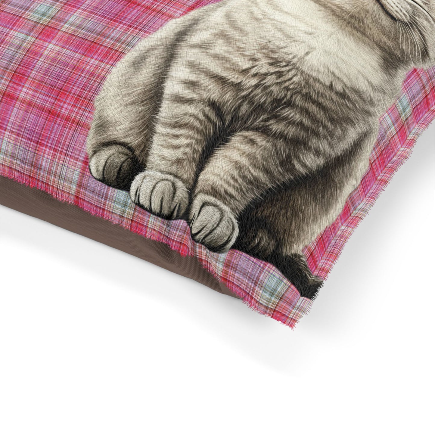 Smiling Gray Cat Plaid Pet Bed — Cozy Pink Cat Bed for Cats & Kittens