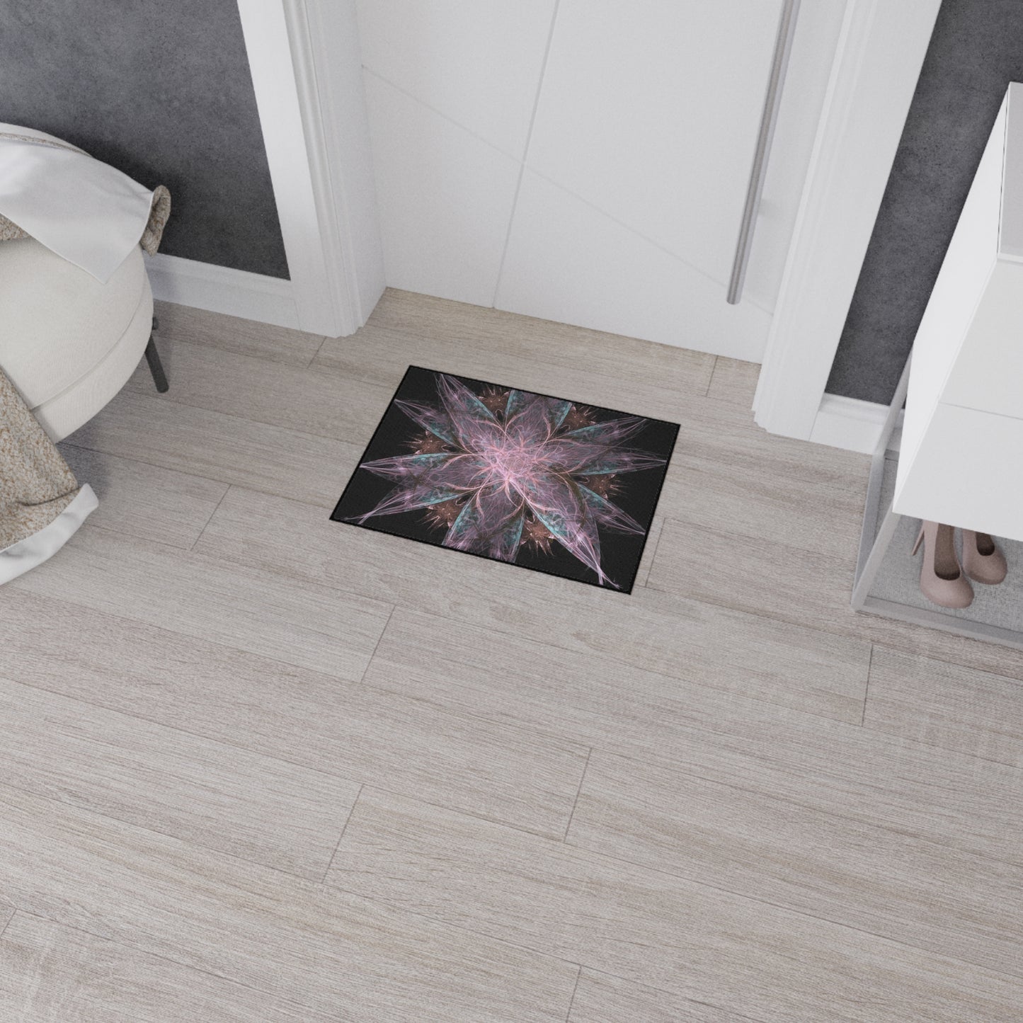 Mandala Star Heavy-Duty Floor Mat — Abstract Pink & Teal Fractal Entrance Rug
