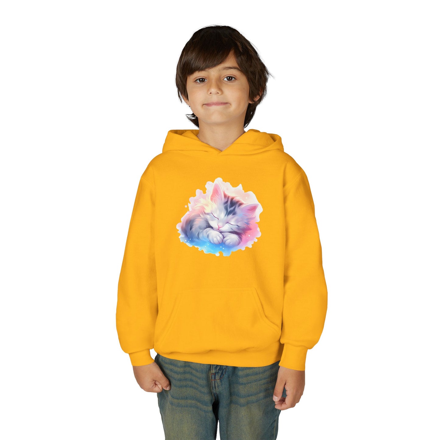 Kids' Cozy Rainbow Kitten Hoodie — Cute Sleeping Cat Youth Sweatshirt