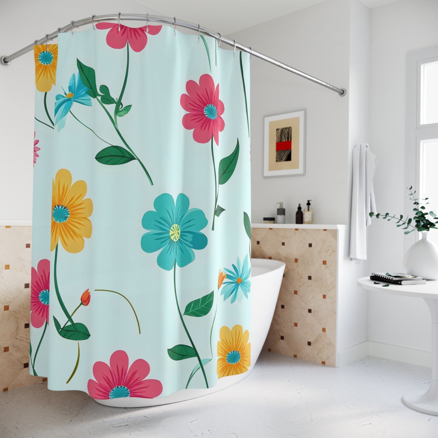 Floral Garden Shower Curtain — Bright Retro Flowers on Sky Blue