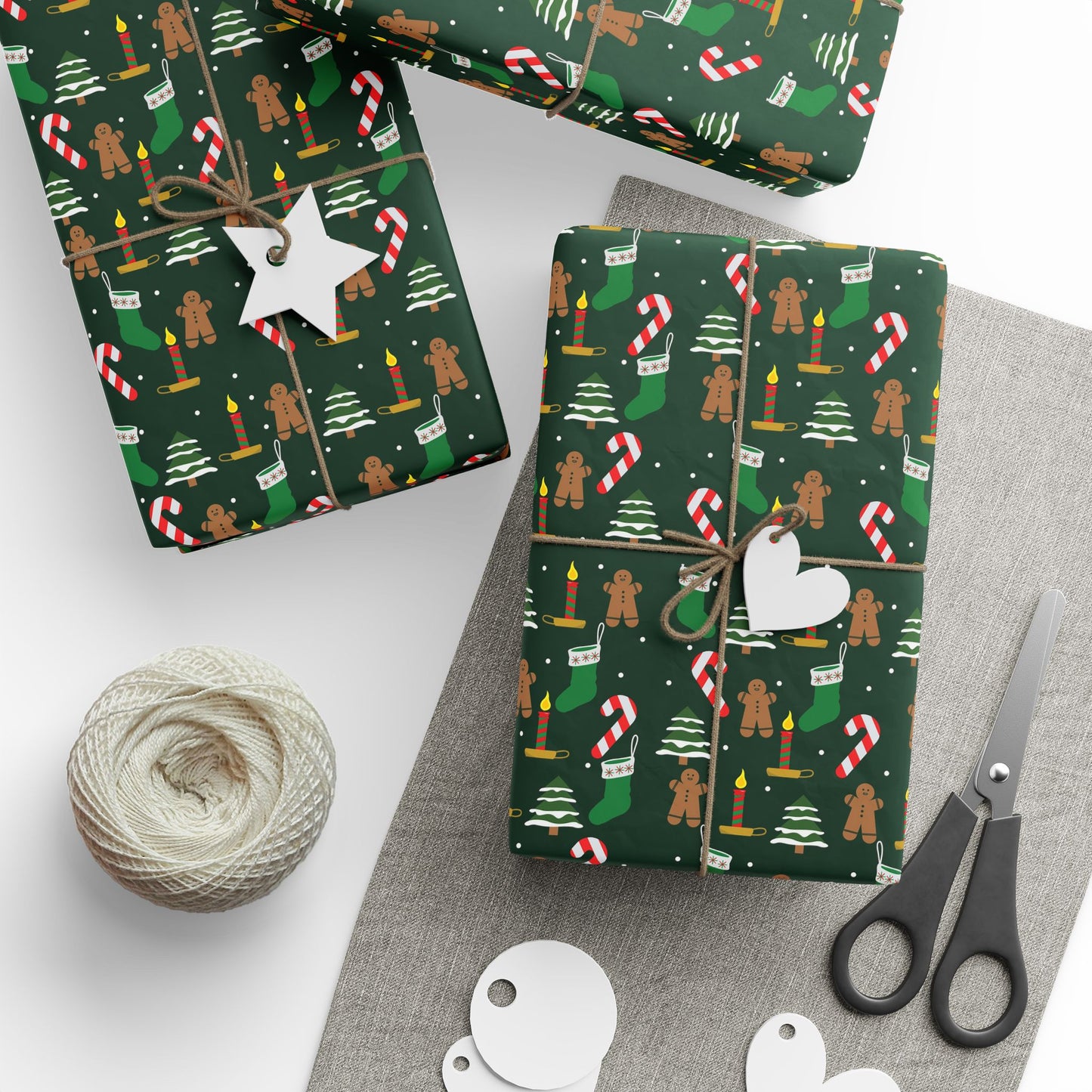 Christmas Wrapping Paper Roll — Gingerbread & Candy Cane Pattern on Dark Green