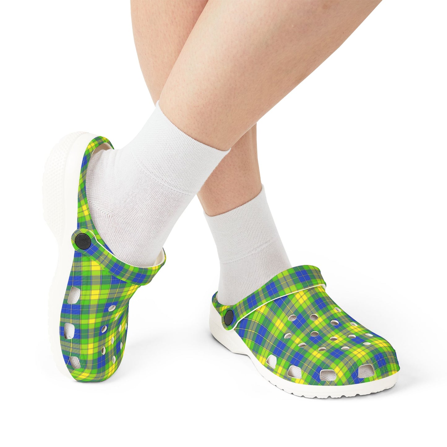 Plaid Green & Blue EVA Foam Clogs — Lightweight Garden & Beach Shoes