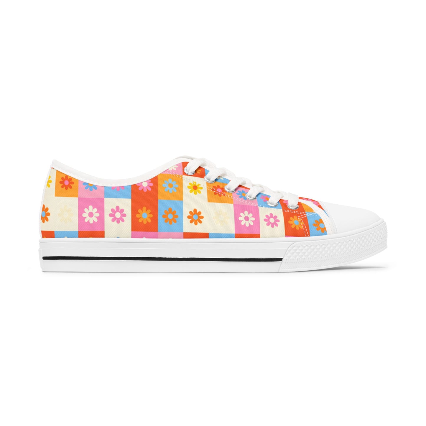 Floral Checkered Low Top Sneakers — Retro 60s-Inspired Casual Shoes