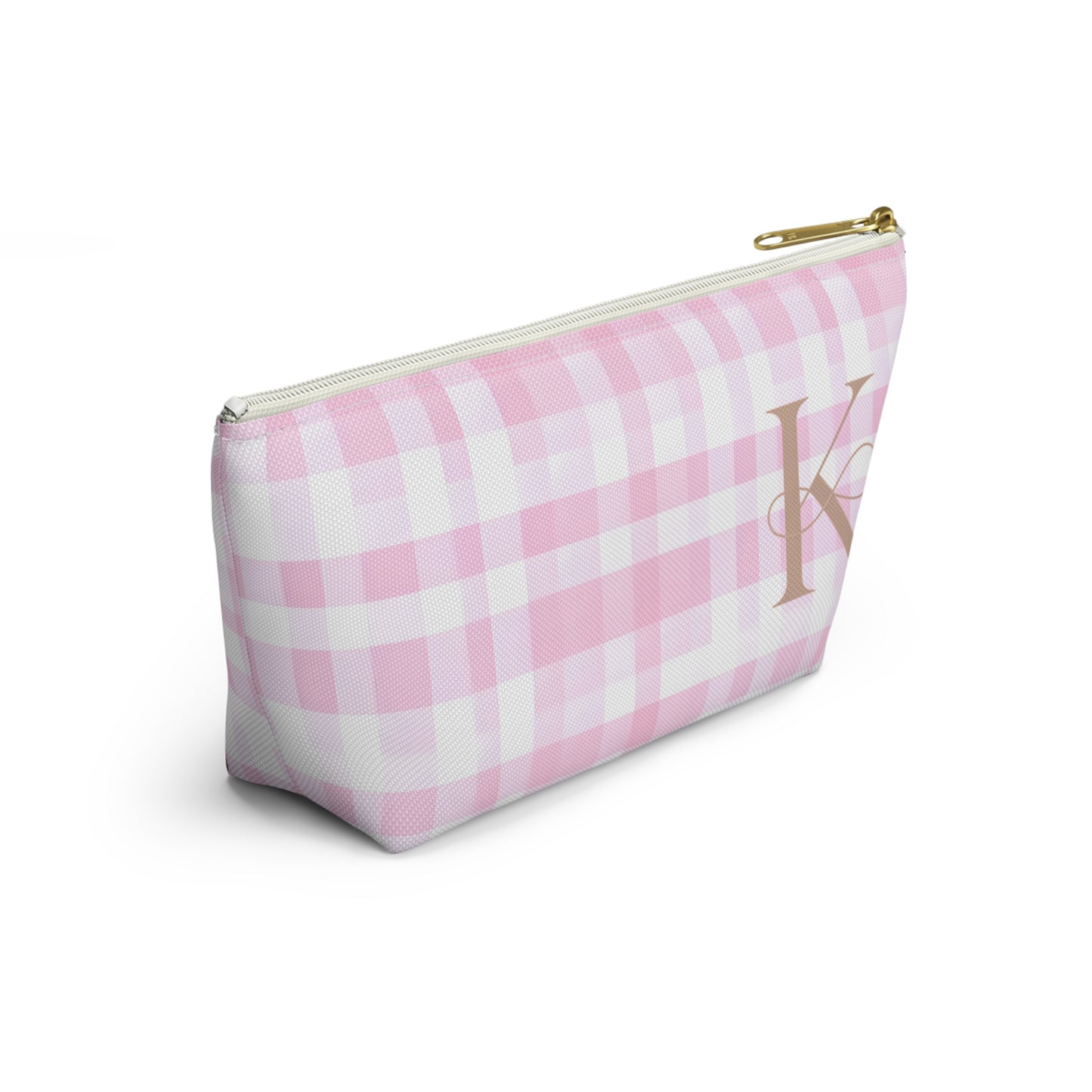 Personalized Pink Gingham Accessory Pouch, Makeup Bag - Letter K