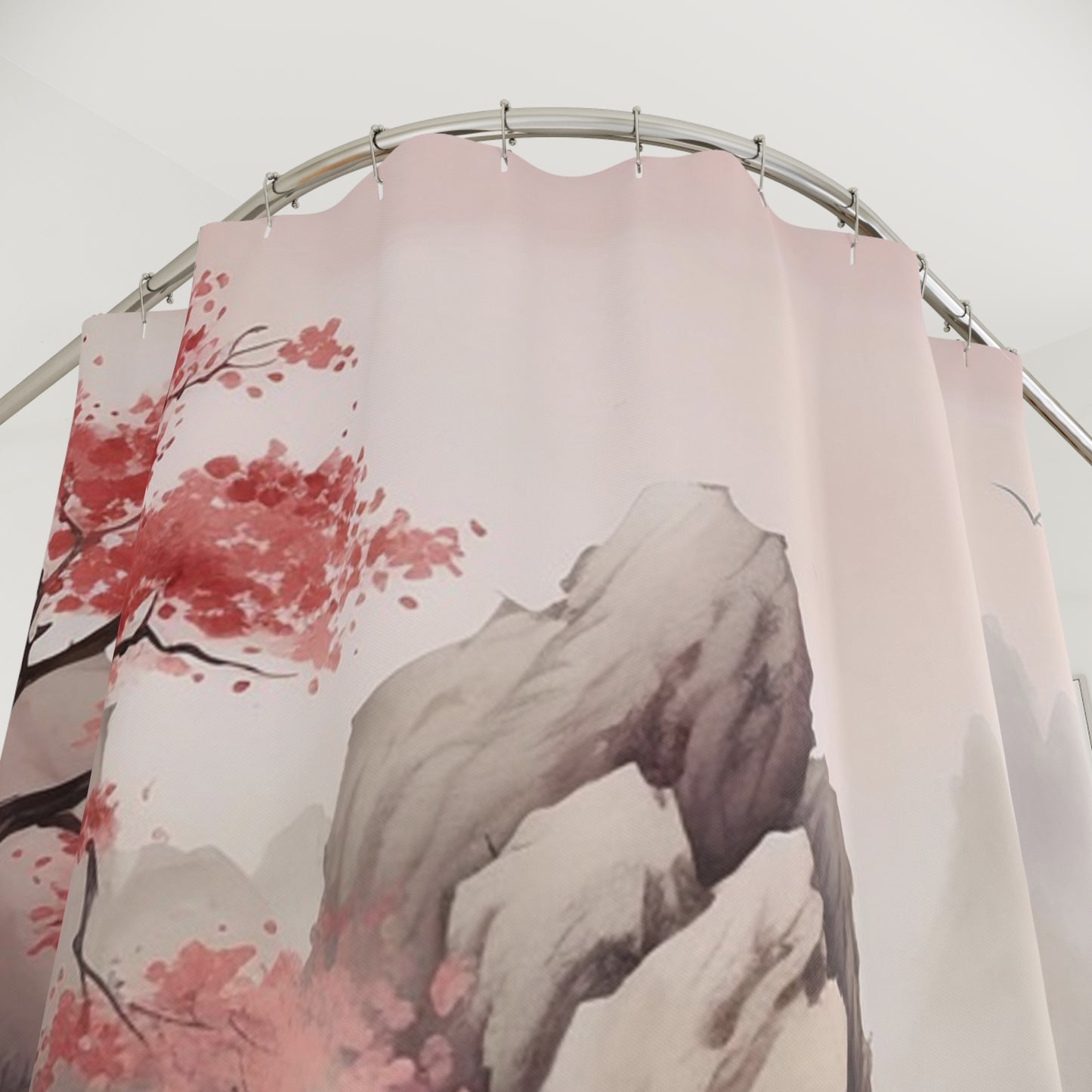 Asian Landscape Shower Curtain — Cherry Blossom Mountain Mist Bathroom Decor