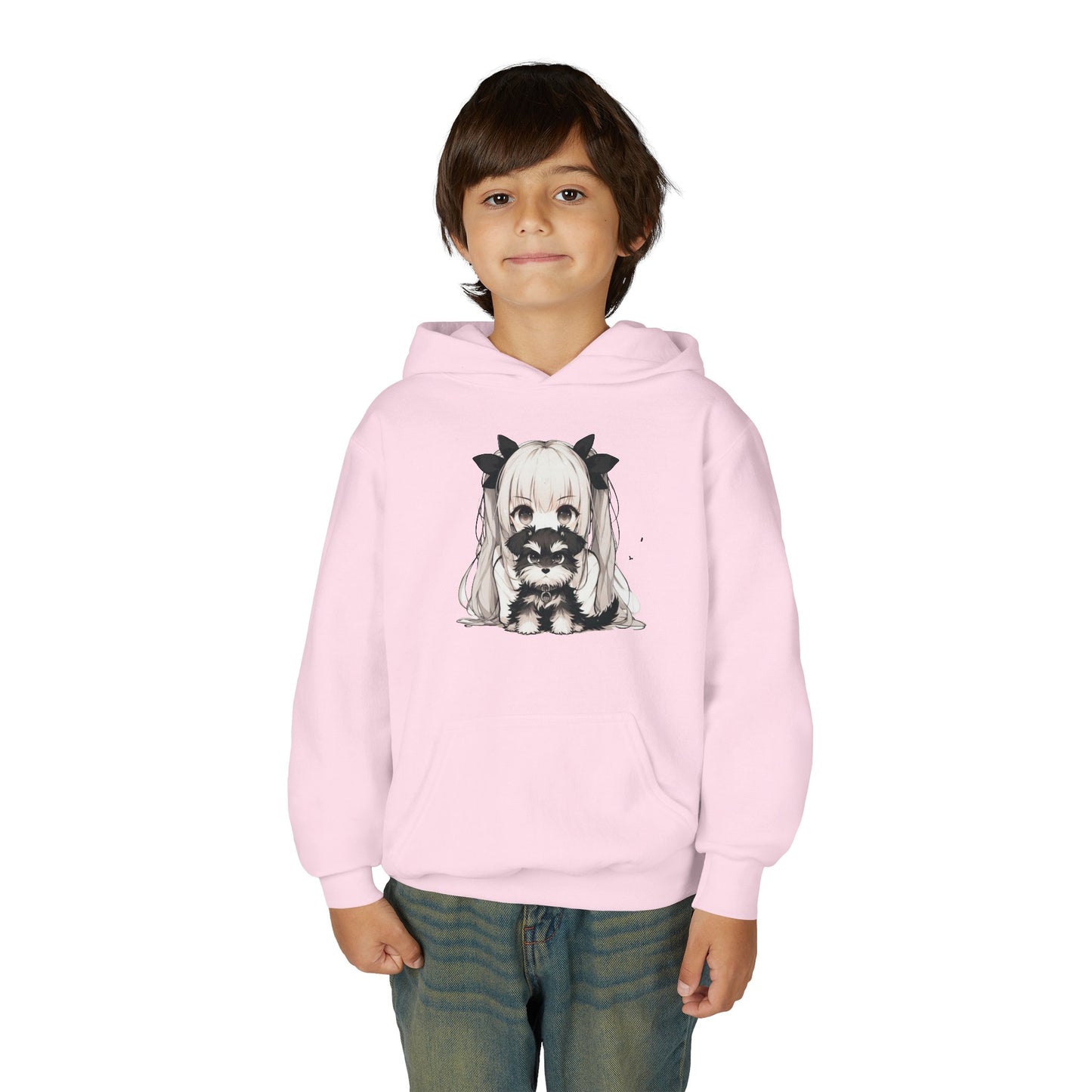 Cute Anime Girl & Puppy Youth Hoodie — Kawaii Kids Pullover for Anime Fans
