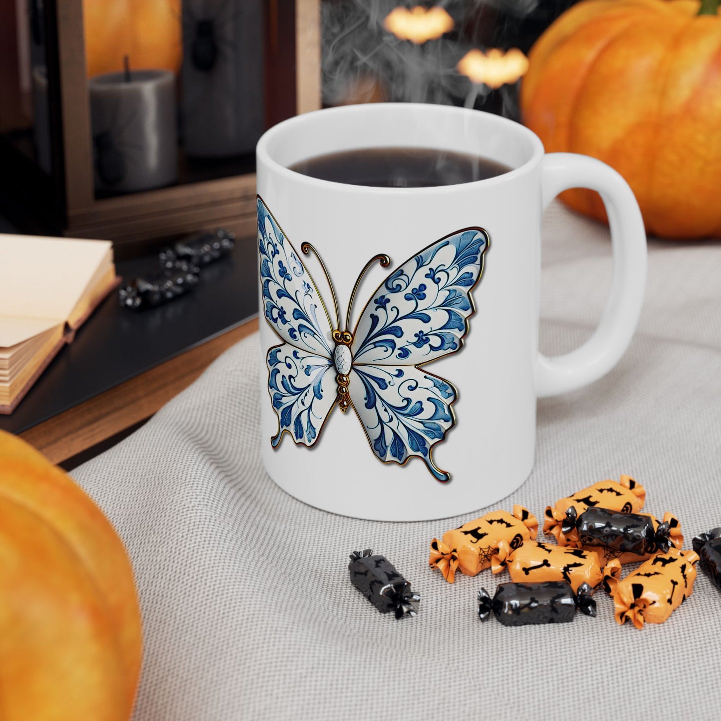 Blue Floral Butterfly Ceramic Mug — Decorative 11oz & 15oz Coffee Cup