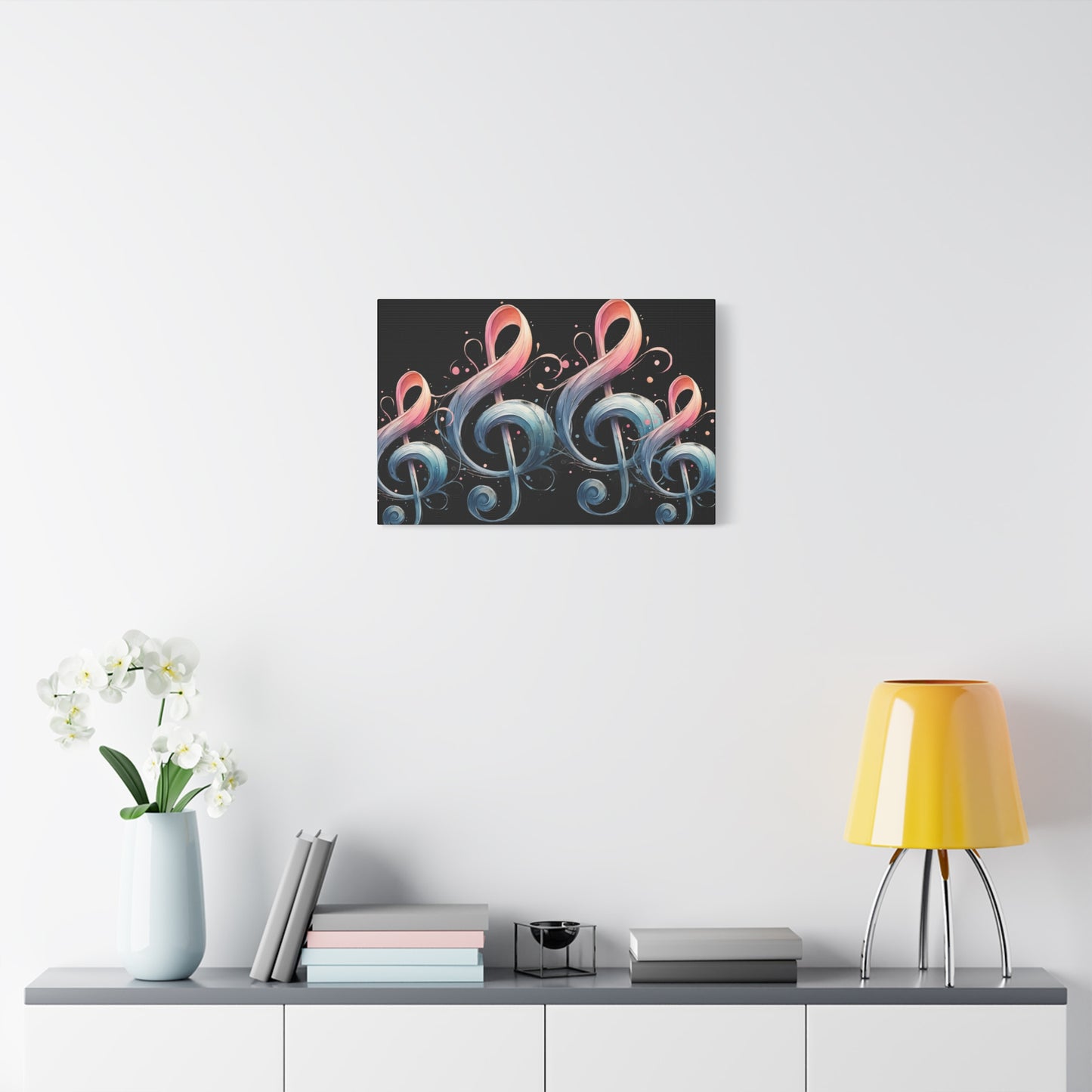 Musical Treble Clef Canvas Wall Art — Pastel Ribbon Notes on Black
