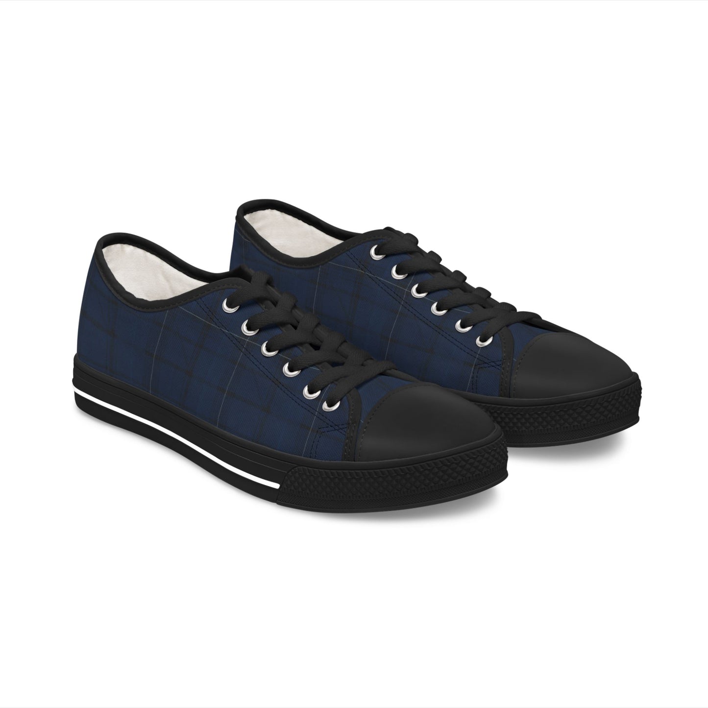 Navy Plaid Low Top Sneakers — Casual Classic Canvas Shoes