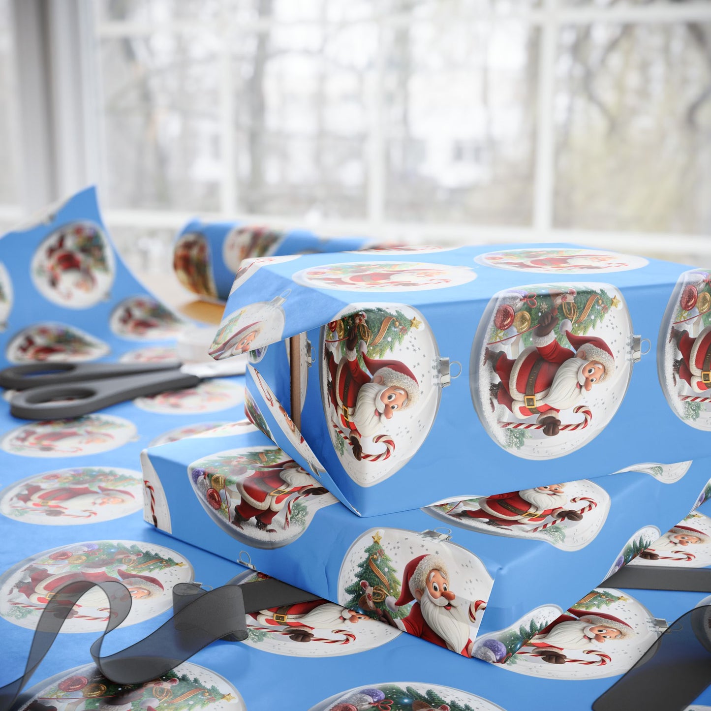 Santa Ornament Pattern Wrapping Paper – Blue Christmas Gift Wrap Roll