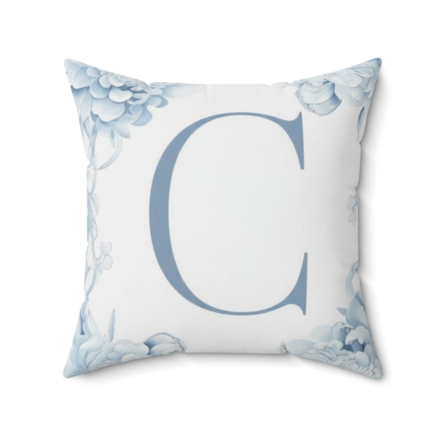 Monogram C Floral Pillow — Blue Initial Square Throw Pillow