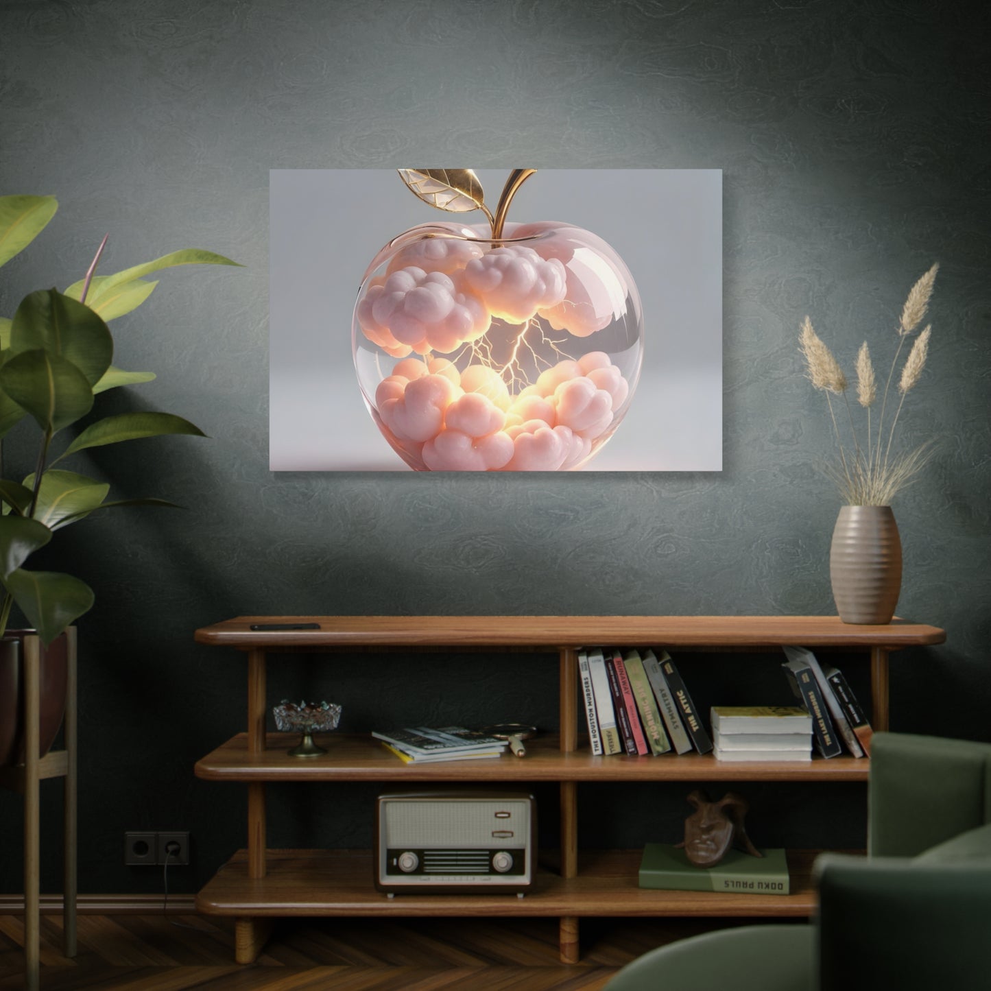 Surreal Glass Apple Canvas – Lightning & Pink Clouds Wall Art