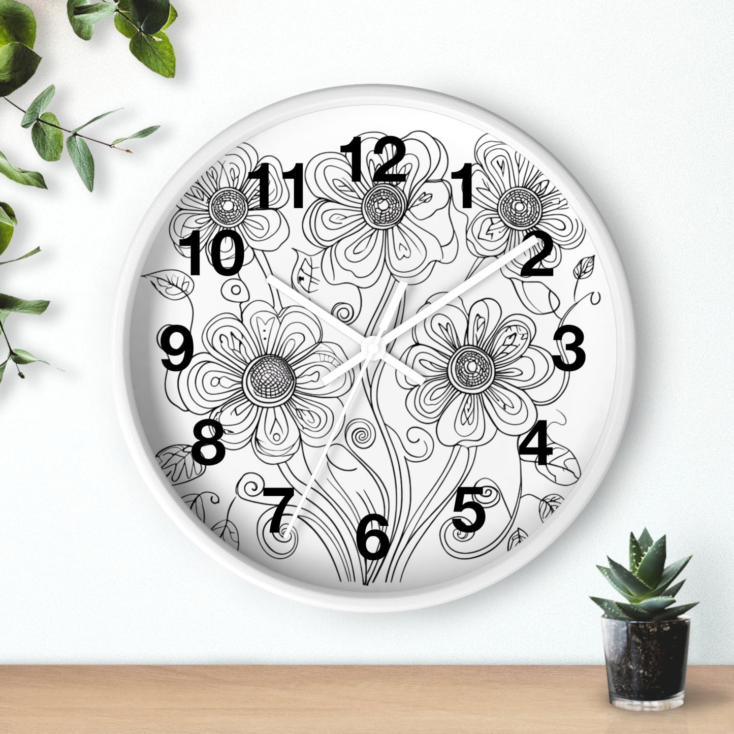 Floral Doodle Wall Clock — Black & White Hand-Drawn Flower Timepiece
