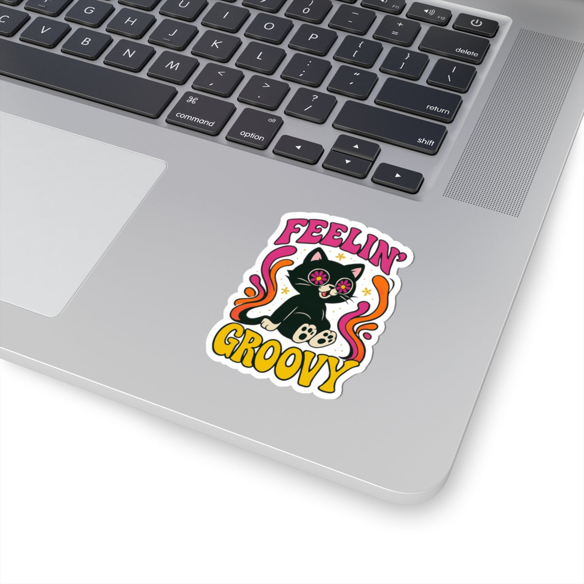 Feelin' Groovy Cat Kiss-Cut Sticker — Retro Psychedelic Floral Eyes
