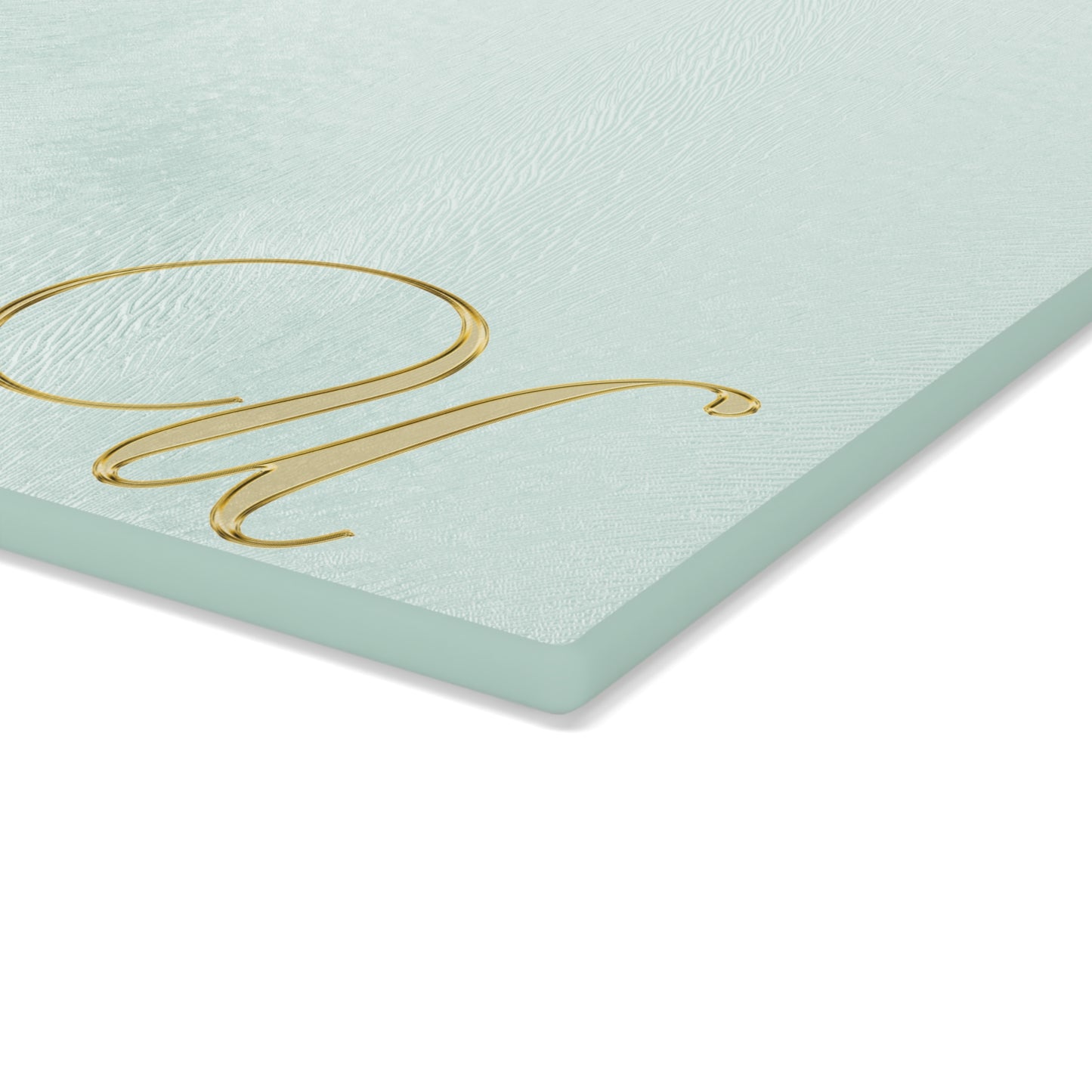 Monogram Glass Cutting Board – Mint Aqua with Gold Script Letter U