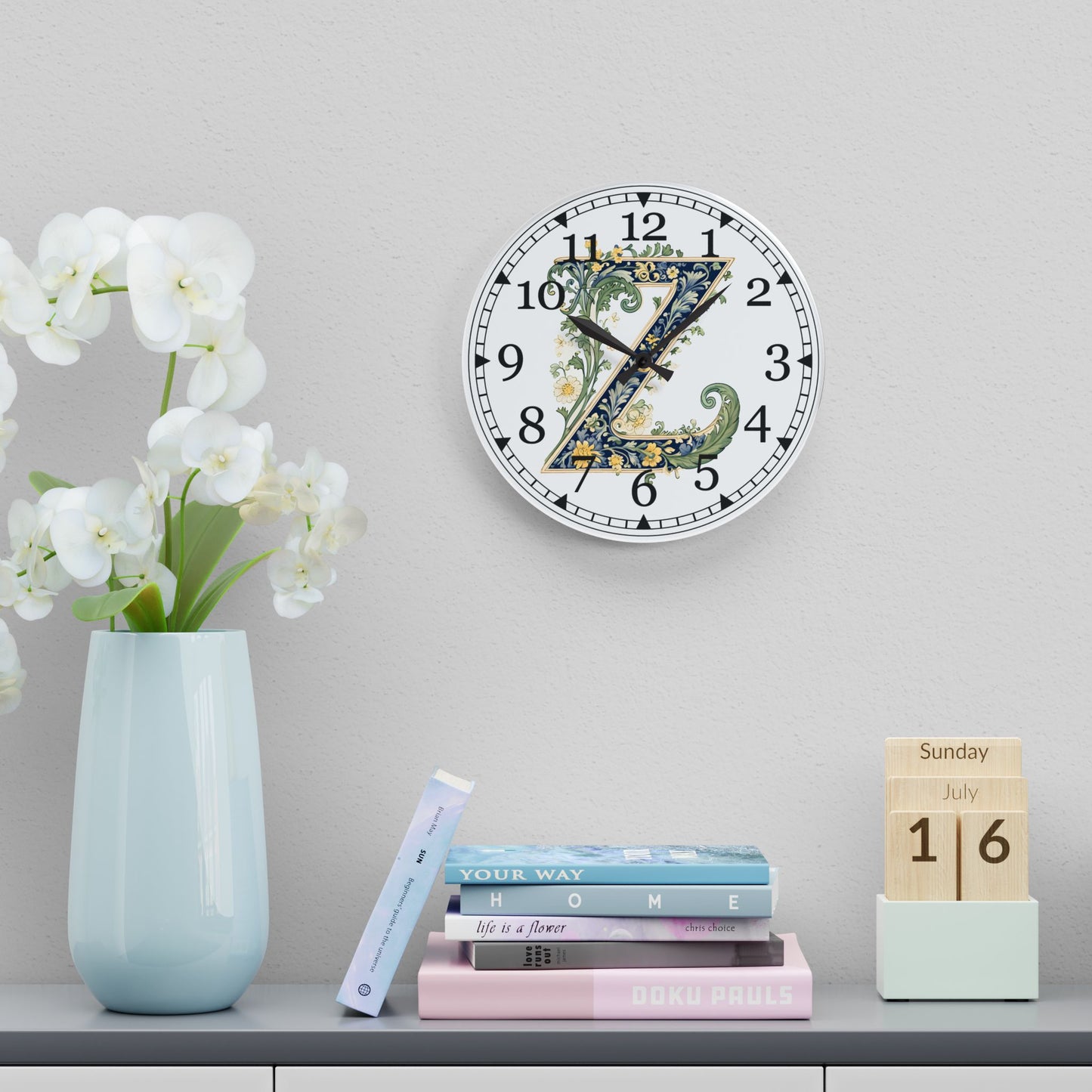 Floral Monogram "Z" Acrylic Wall Clock — Vintage Botanical Initial Clock