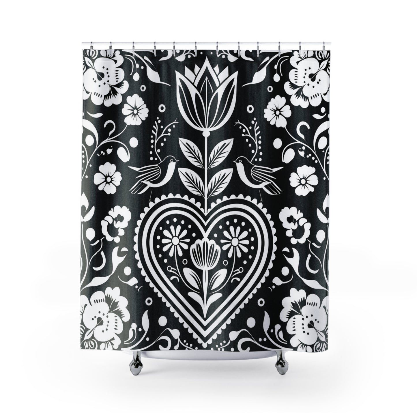 Folk Heart Black & White Shower Curtain — Scandinavian Floral Tulip Design