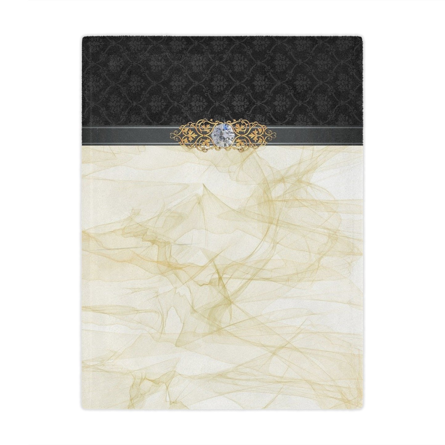 Luxury Gold Smoke Minky Blanket — Elegant Damask Accent with Ornate Gem Detail