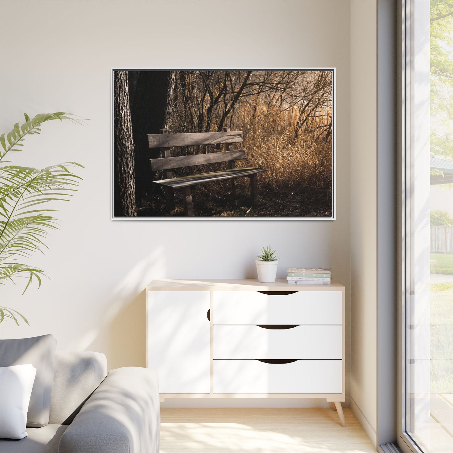 Framed Matte Canvas Print — Autumn Park Bench Photography
