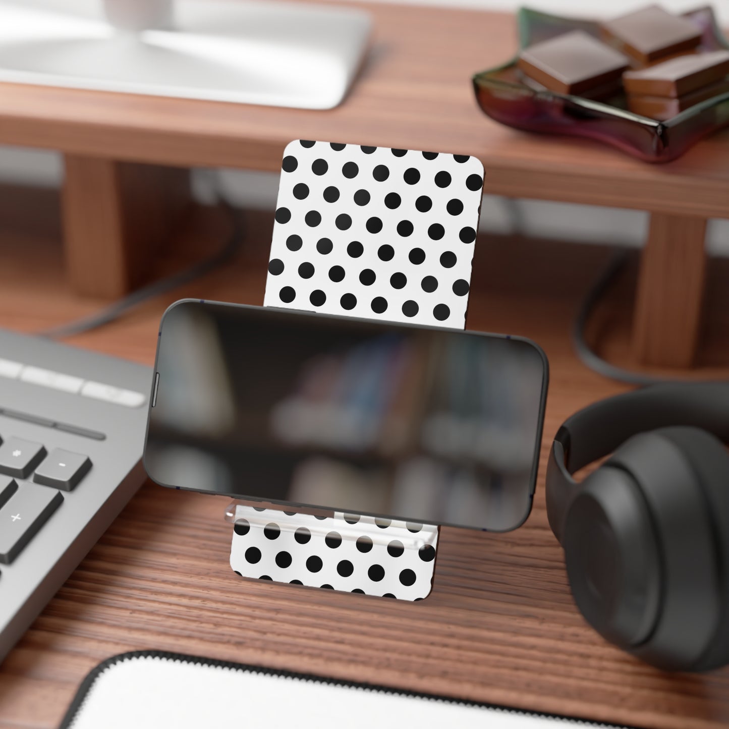 Stylish Mobile Display Stand for Smartphones, Desk Organizer, Phone Holder, Tech Accessory, Gift Idea, Black Polka Dot Design