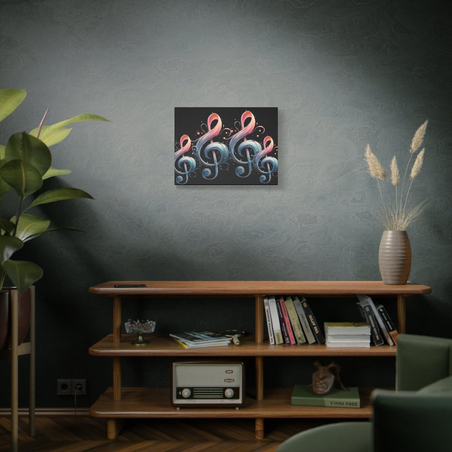 Musical Treble Clef Canvas Wall Art — Pastel Ribbon Notes on Black
