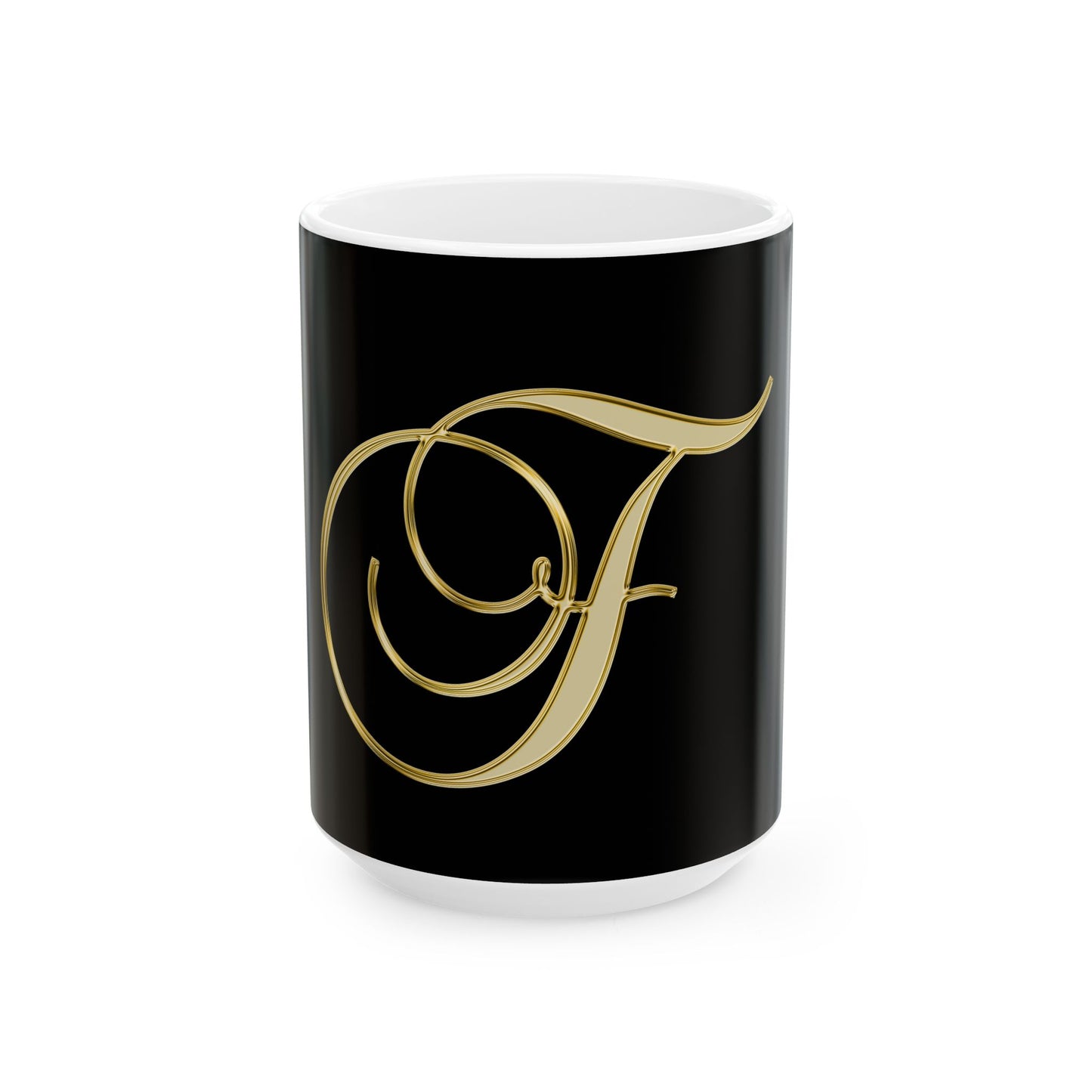 Gold Script Letter F Ceramic Mug — Elegant Monogram Coffee Cup (11oz, 15oz)