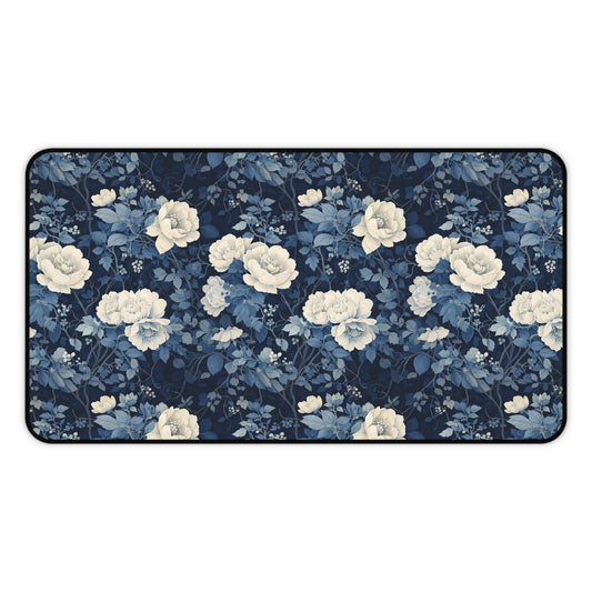 Blue Vintage Rose Floral Desk Mat — Navy Floral Mouse Pad for Office & Home