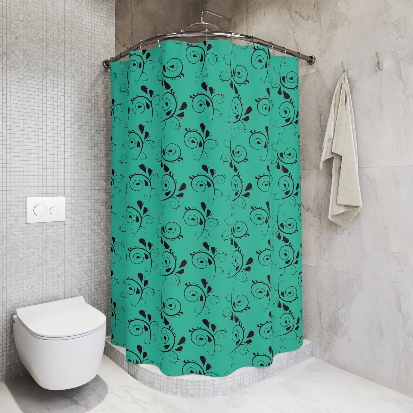 Teal Swirl Floral Shower Curtain – Elegant Black Vine Pattern Bathroom Décor