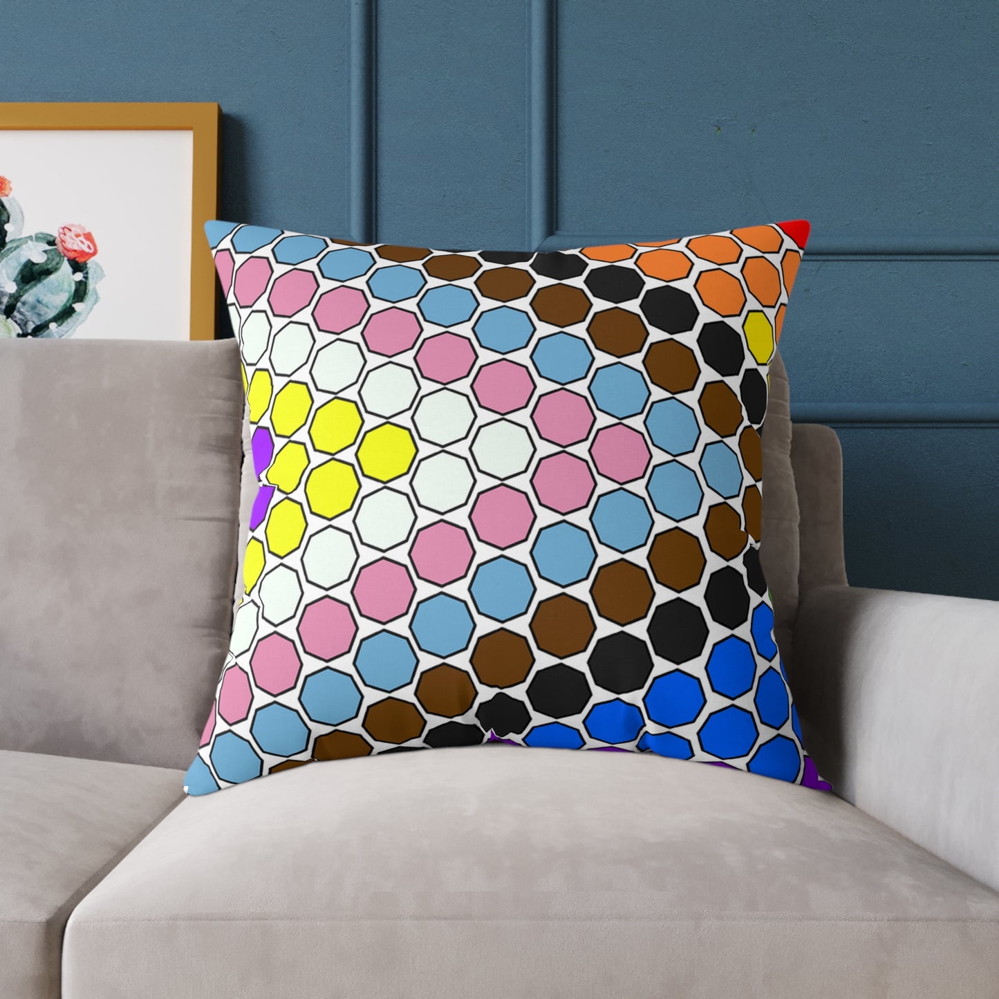 Geometric Mosaic Square Pillow — Colorful Hexagon Pattern Throw Cushion