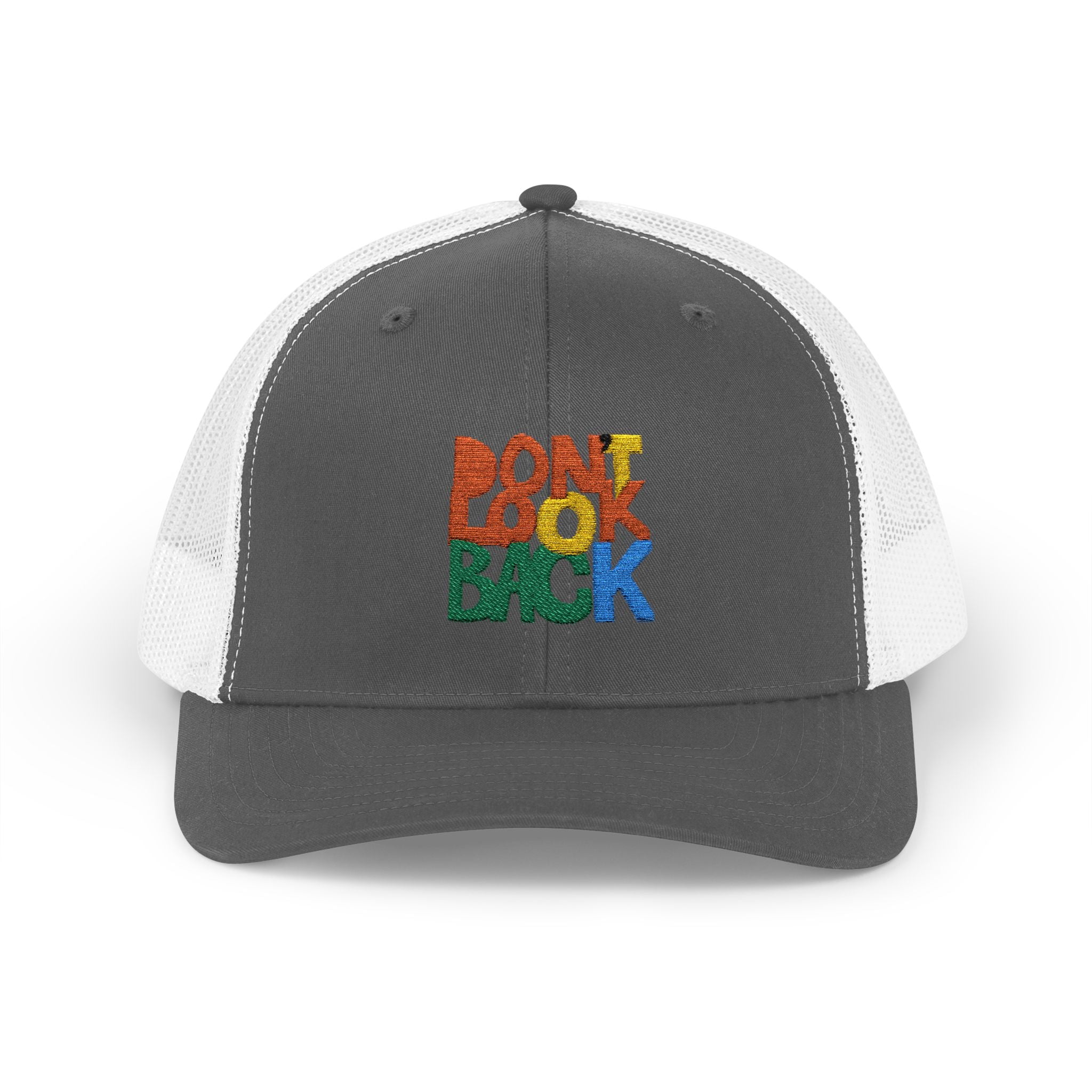 Don’t Look Back Snapback Trucker Cap — Retro Rainbow Embroidered Hat