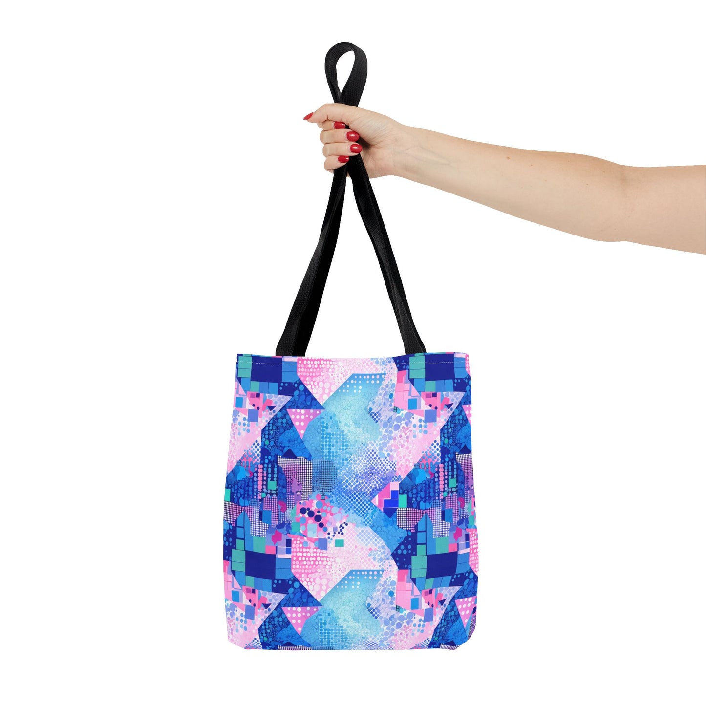 Abstract Blue Pink Geometric Tote Bag — Colorful Patterned All-Over Print Tote