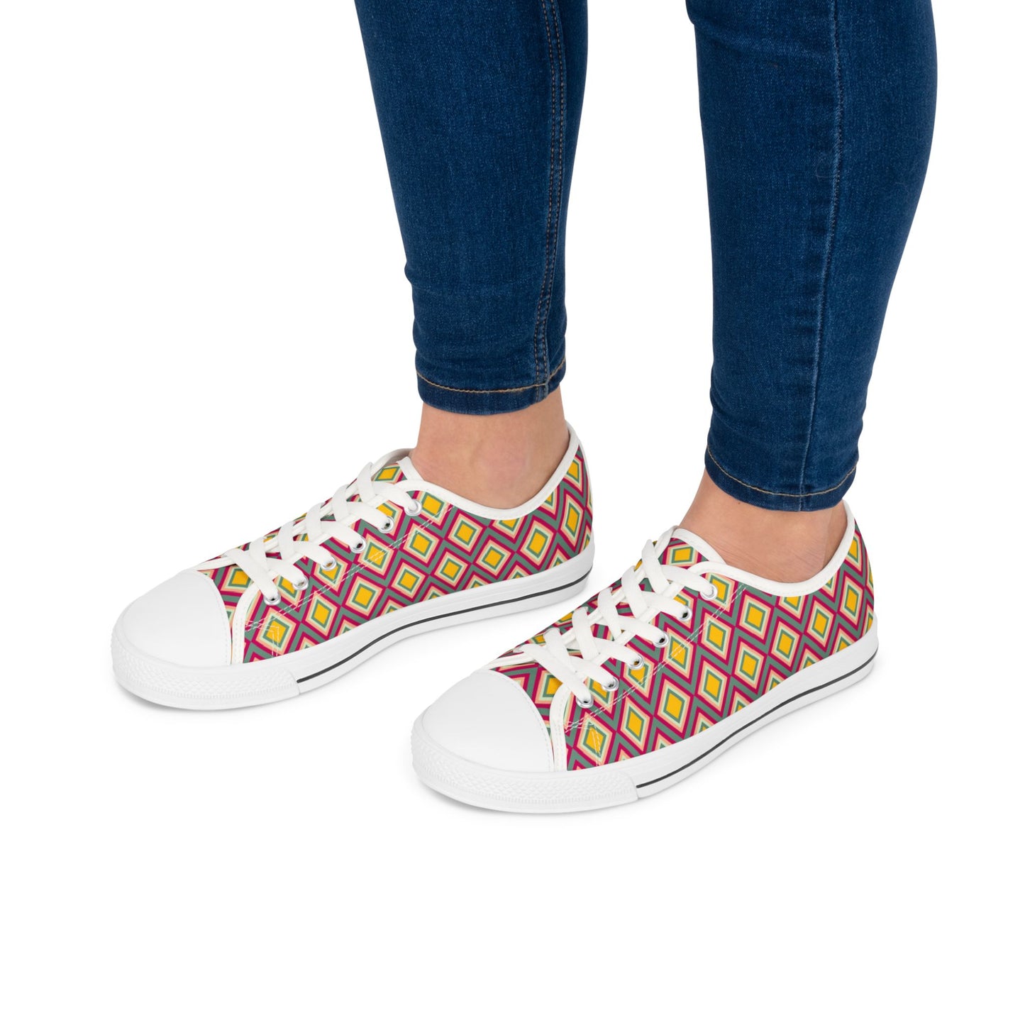 Low Top Sneakers — Retro Diamond Pattern Pink Yellow Casual Women's Shoes