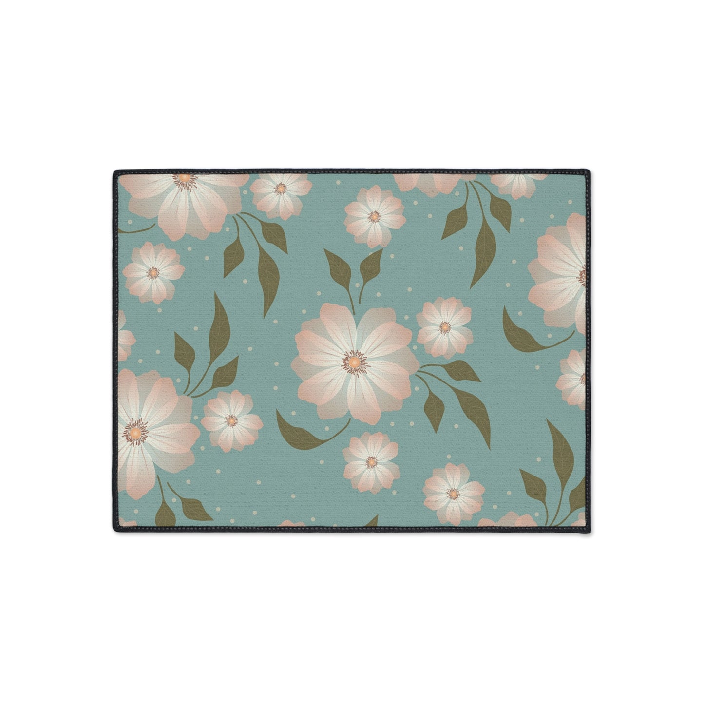 Floral Heavy-Duty Floor Mat — Teal Pastel Blossom Rug for Entryway & Kitchen