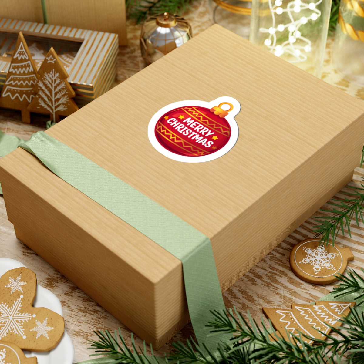 Merry Christmas Ornament Sticker — Red Holiday Kiss-Cut Sticker