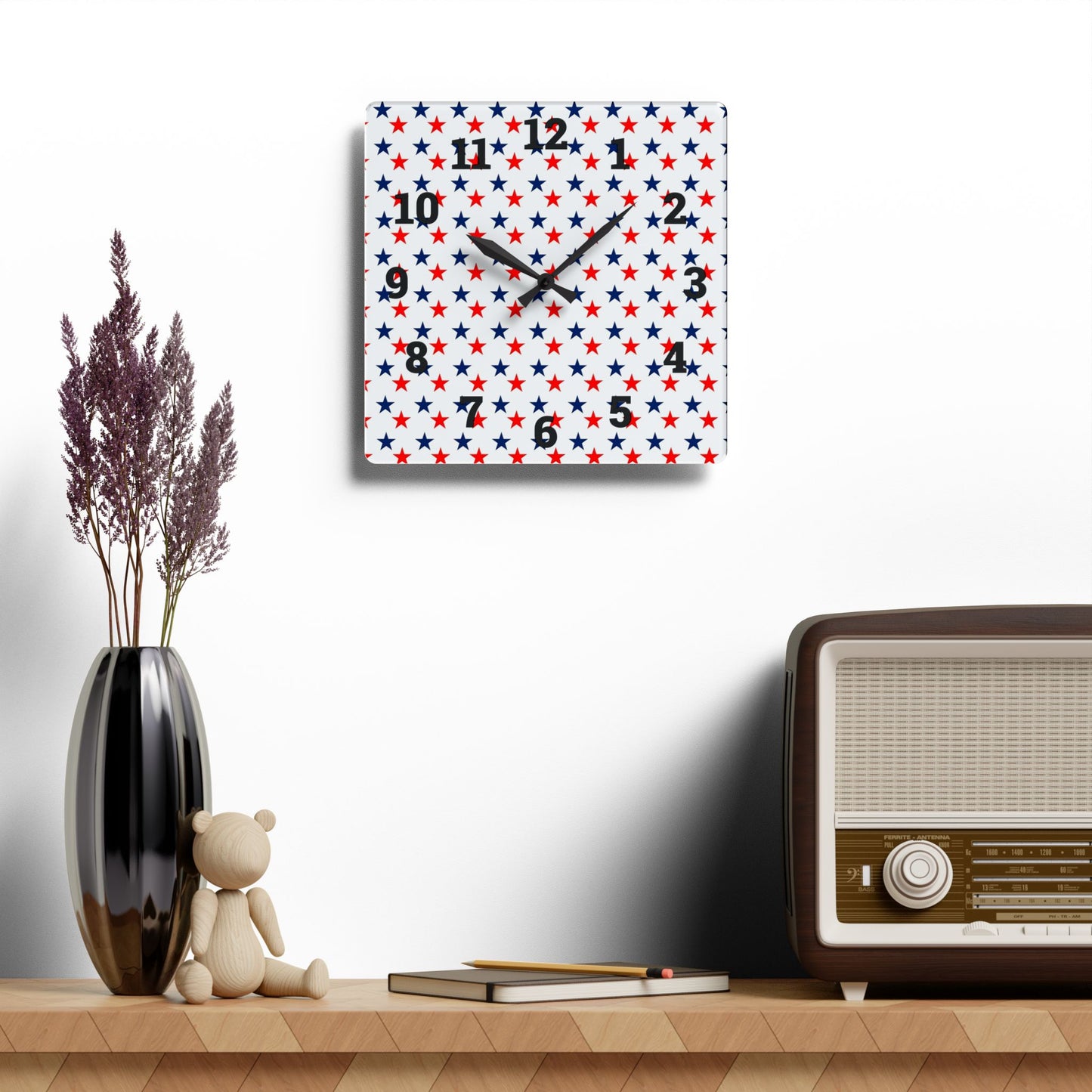 Acrylic Wall Clock stars red white and blue