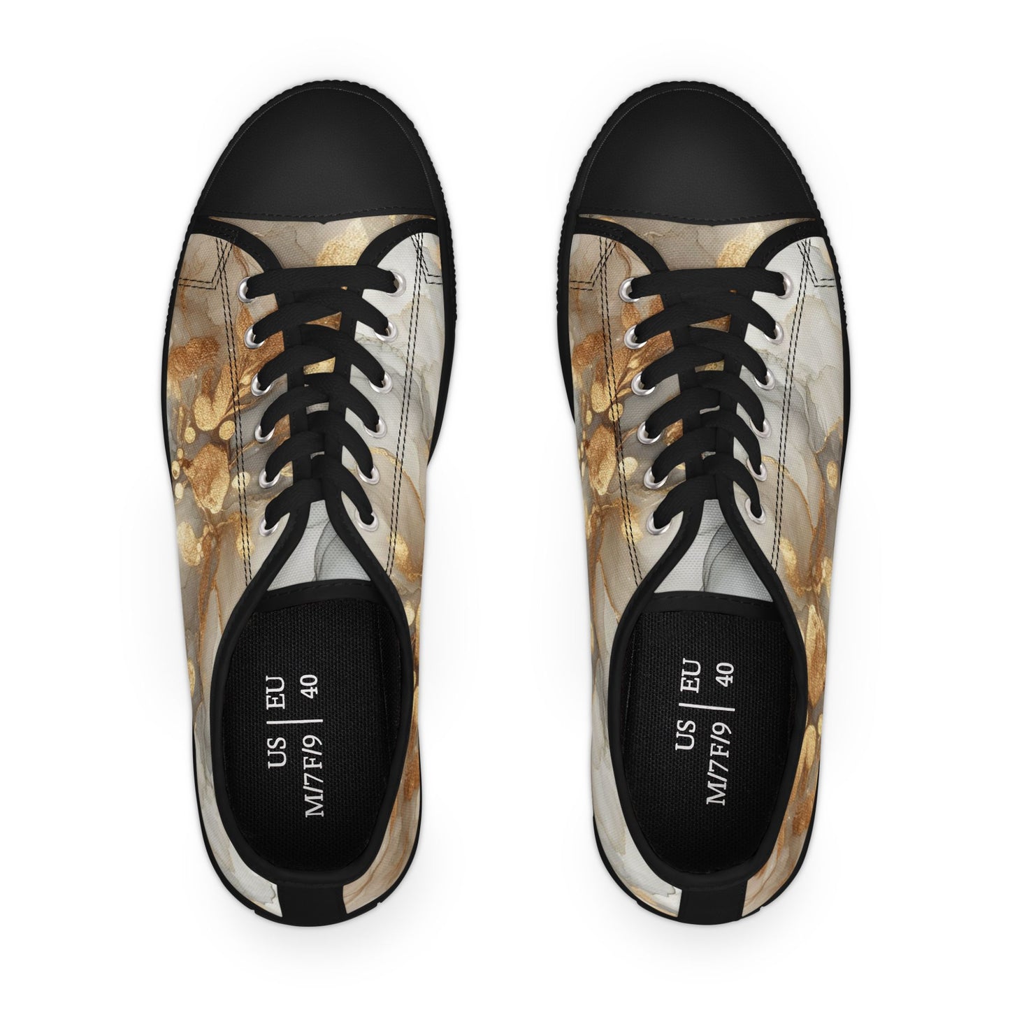 Gold Marble Women's Low Top Sneakers — Abstract Metallic Swirl Casual Shoes